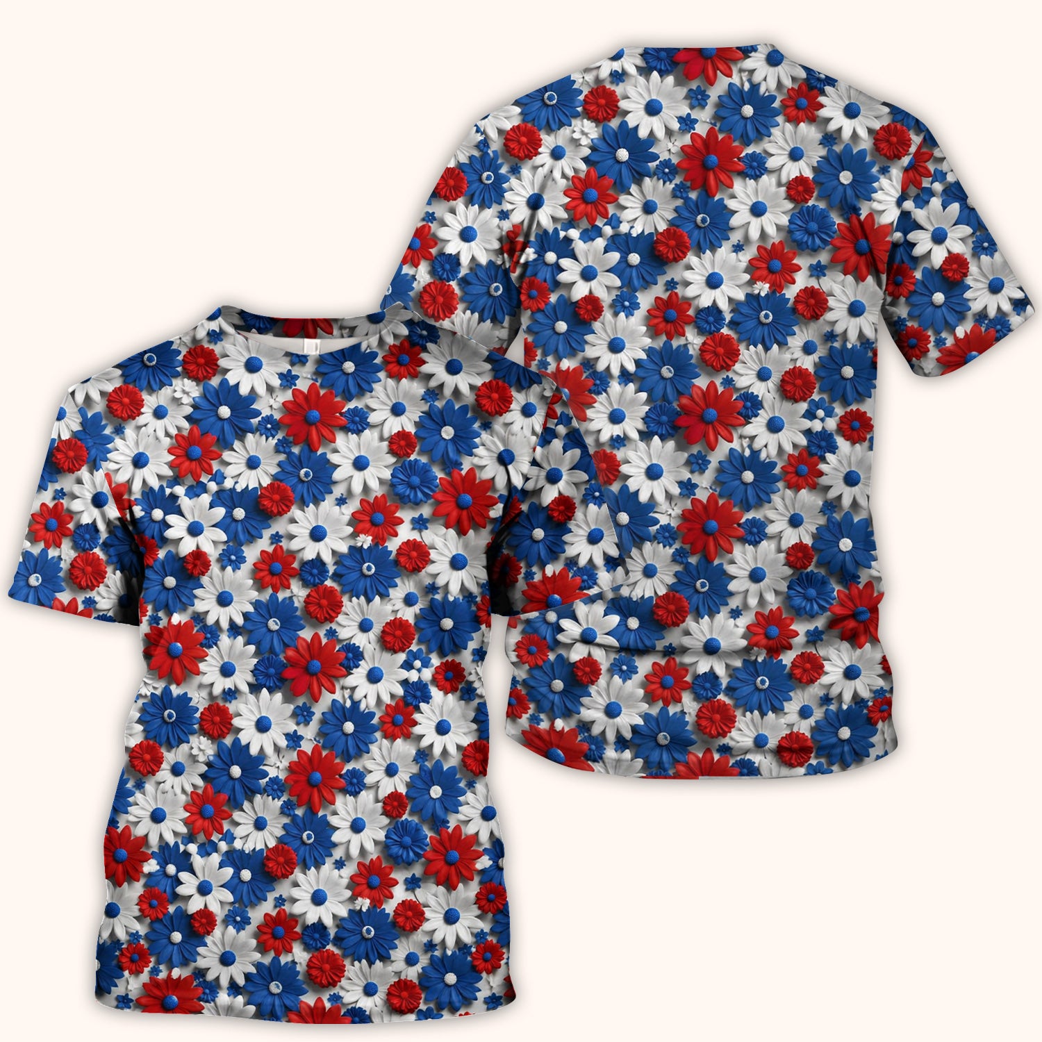 Patriotic Red Blue Daisy Floral Pattern Scrub Top, Comfortable Scrubs for Nurses