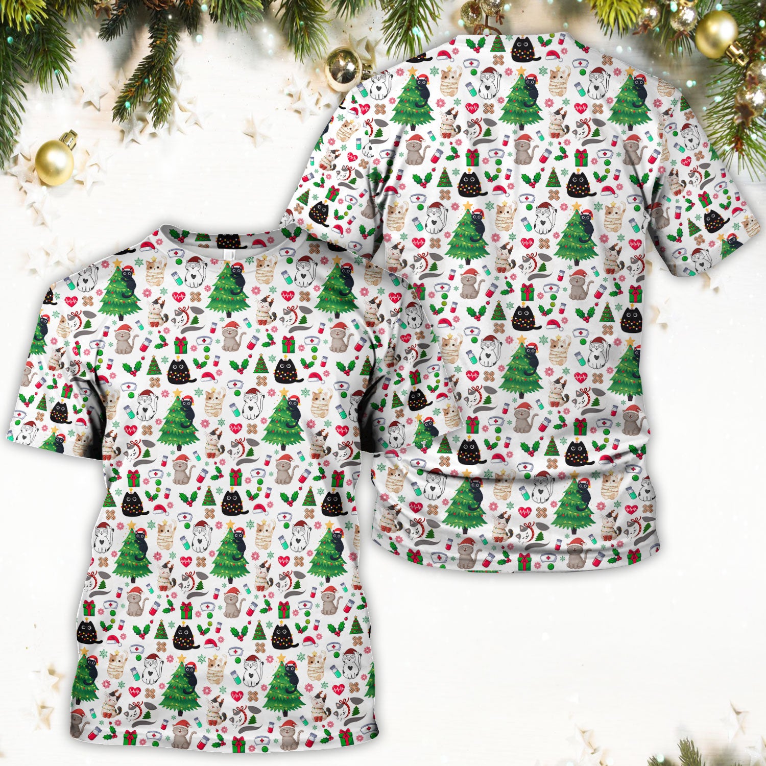 Christmas Cat Scrub Top, Xmas Pet Pattern Scrub Shirt, Breathable Fabrics Nursing Uniform