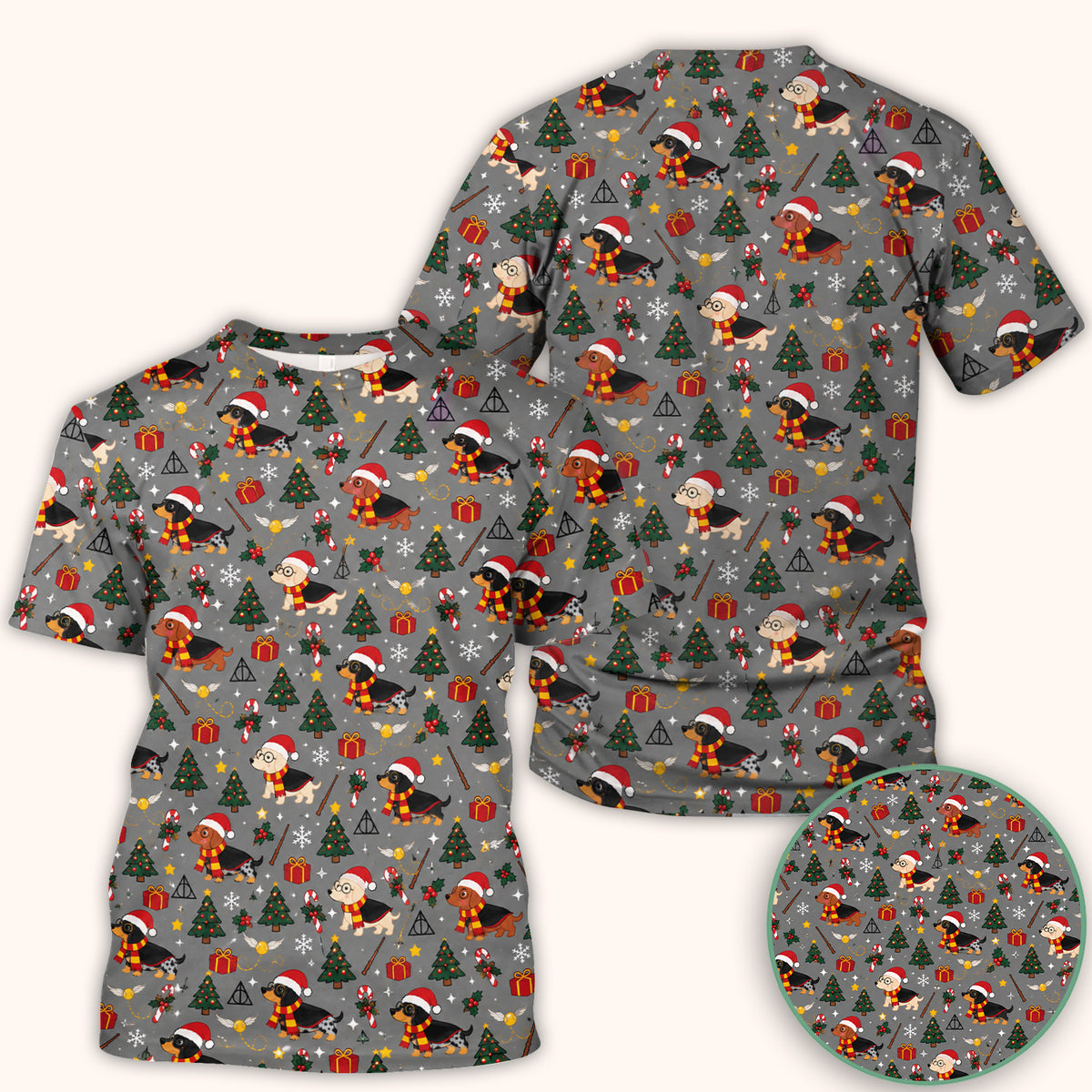 Christmas Wizard Dachshunds Pattern Scrub Top, Comfortable Scrubs for Nurses