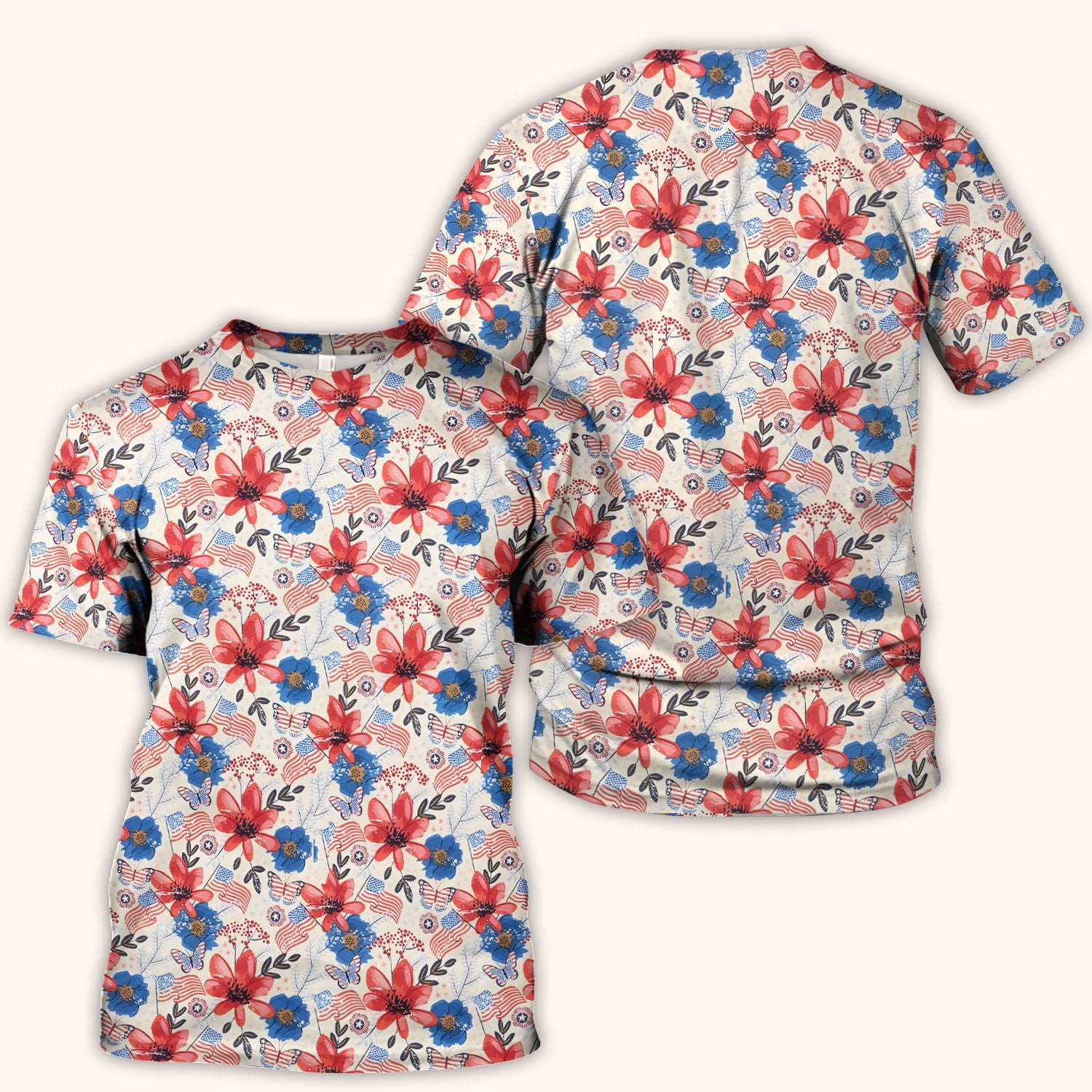 Patriotic Wildflower Flag Butterfly Pattern Scrub Top, Comfortable Scrubs for Nurses