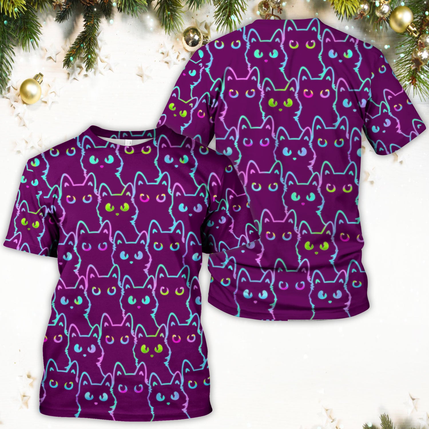Neon Cat Pattern Scrub Top, Black Cat Scrub Shirt, Breathable Fabrics Nursing Uniform