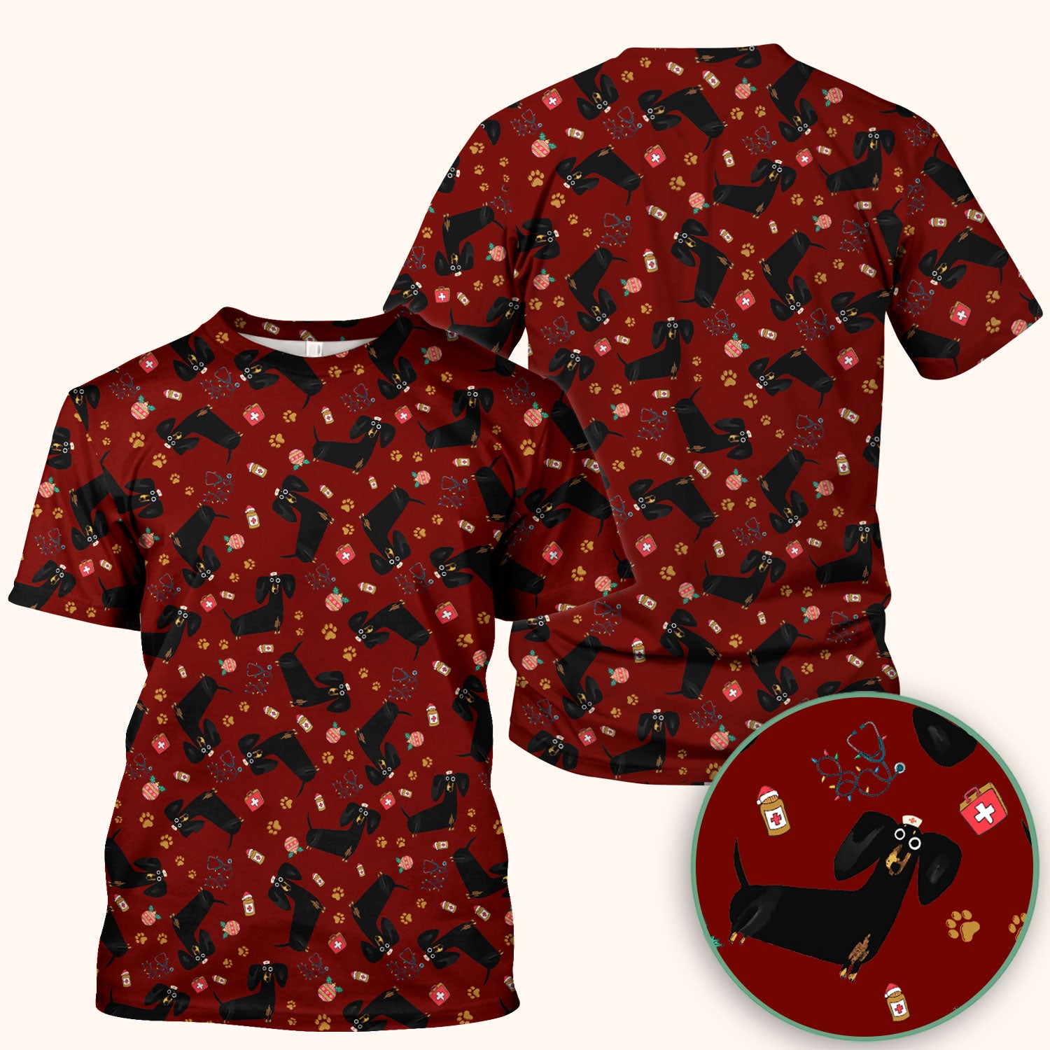 Funny Wiener Dog Scrub Top for Nurses - Cute Black Dachshund Medical Shirt - Dog Lover Nursing Uniform Gift for Women