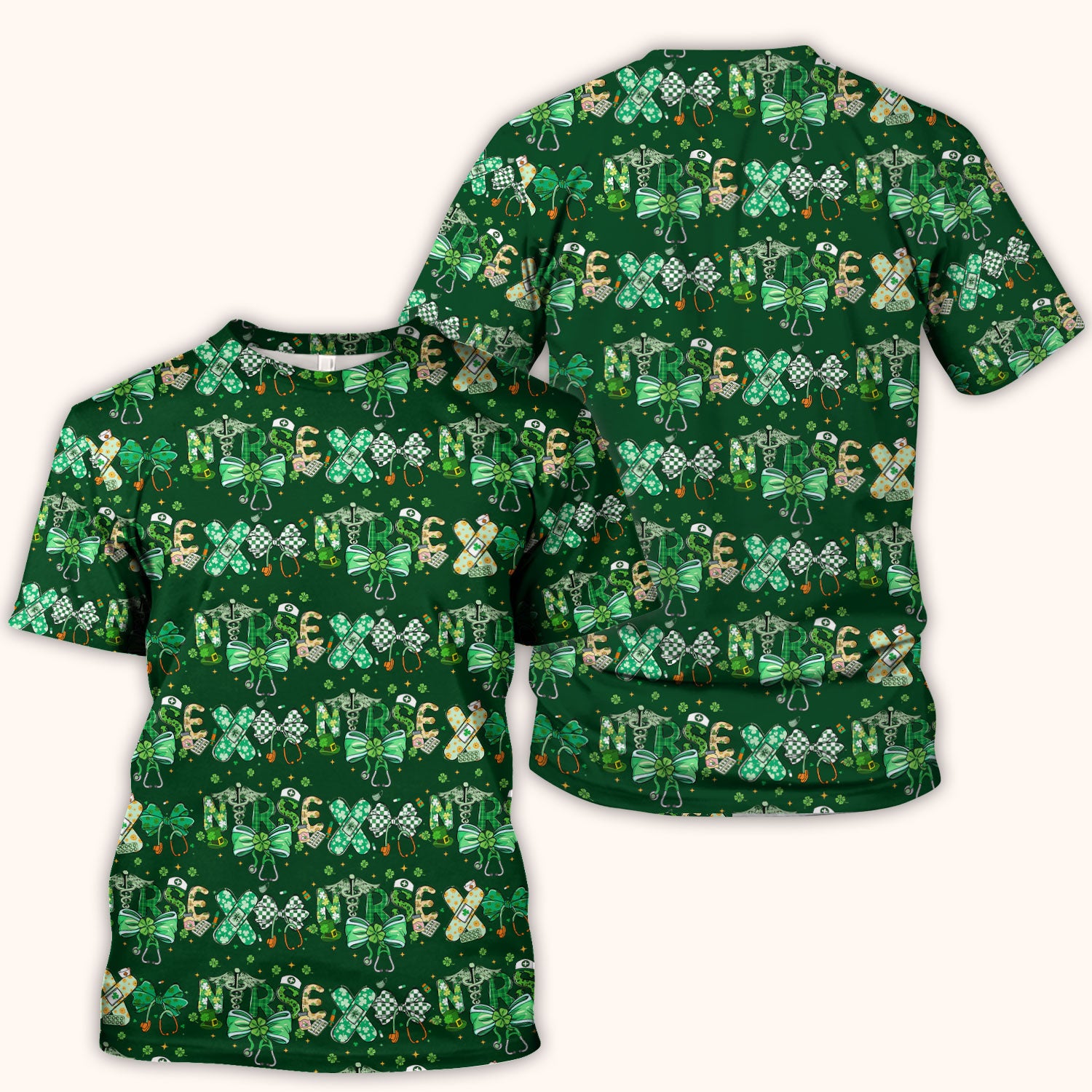 St. Patrick’s Nurse Scrub Top, Lucky Clover And Green Bow Pattern Nurse Shirt, Breathable Fabrics Nursing Uniform