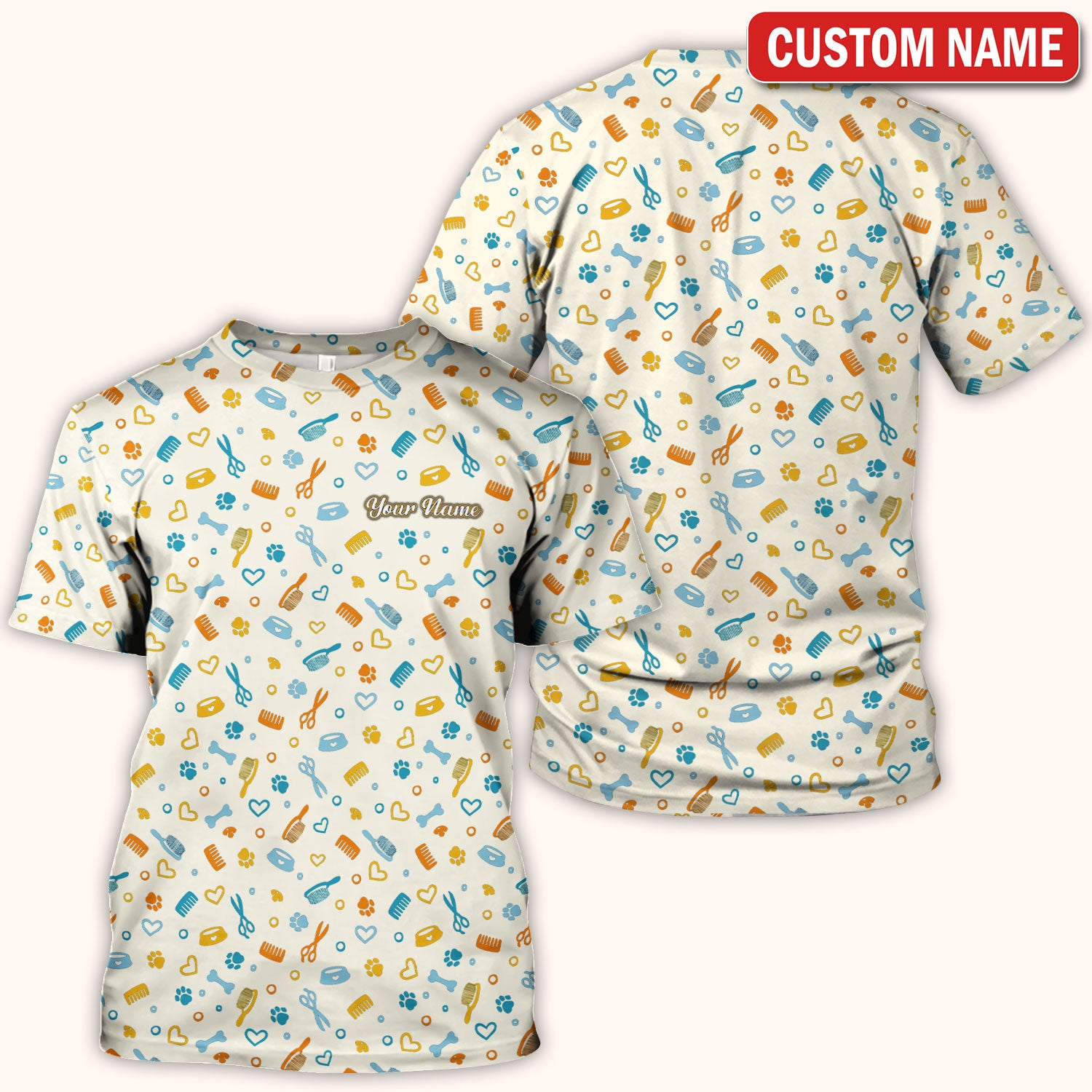 Custom Name Dog Cat Grooming Pattern Scrub Top, Breathable Fabrics Nursing Uniform