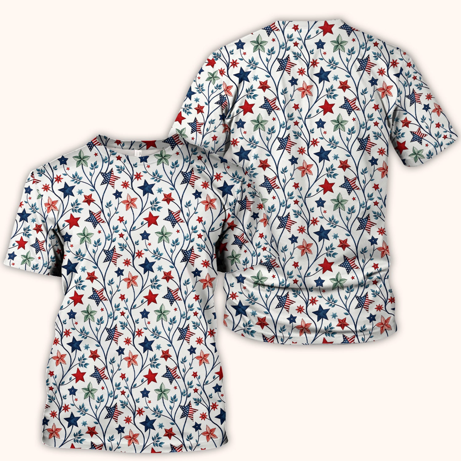 Patriotic Star Vine Floral Print Scrub Top, Comfortable Scrubs for Nurses