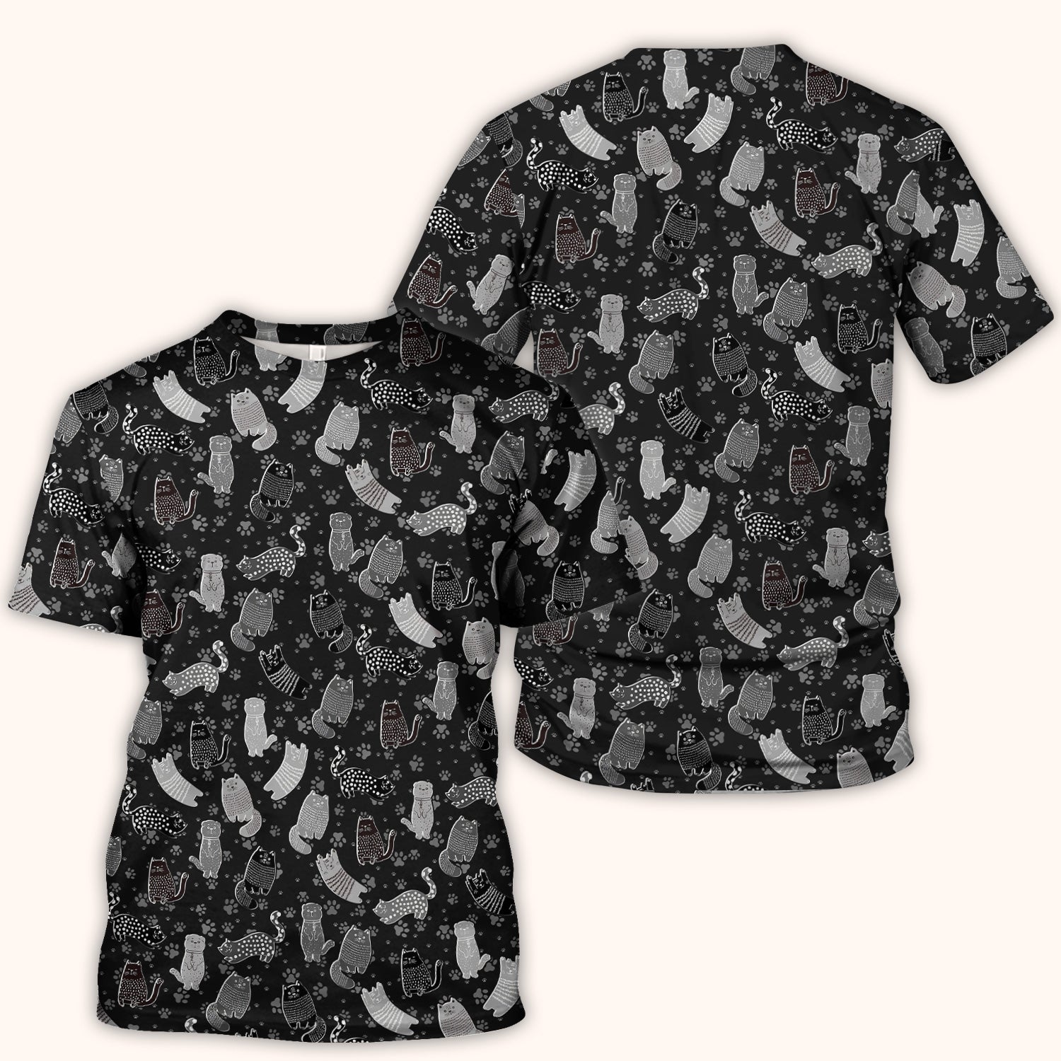 Cute Cat and Paw Print Pattern Scrub Top, Breathable Fabrics Nursing Uniform