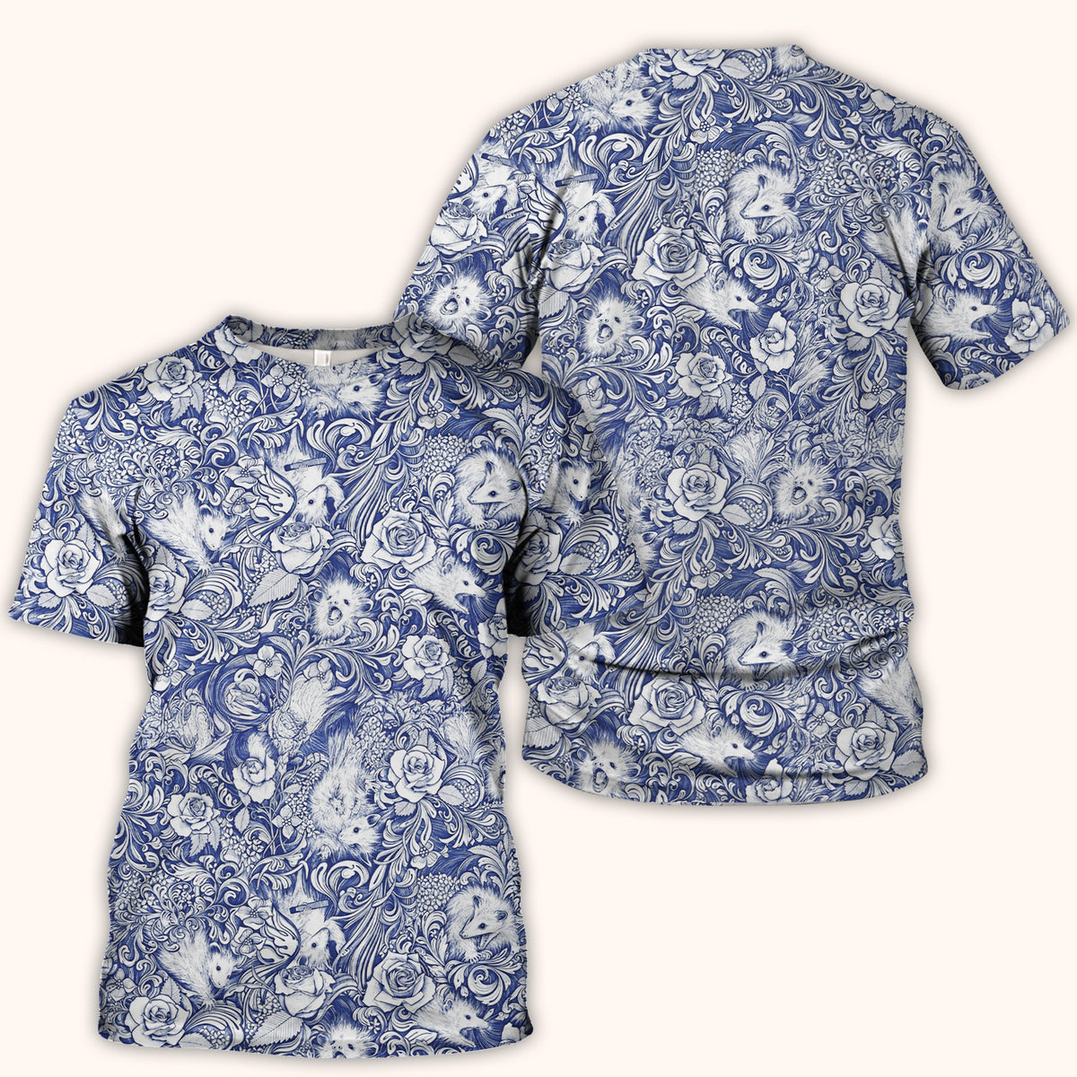 Blue Floral Opossum and Roses Scrub Top, Comfortable Scrubs for Nurses