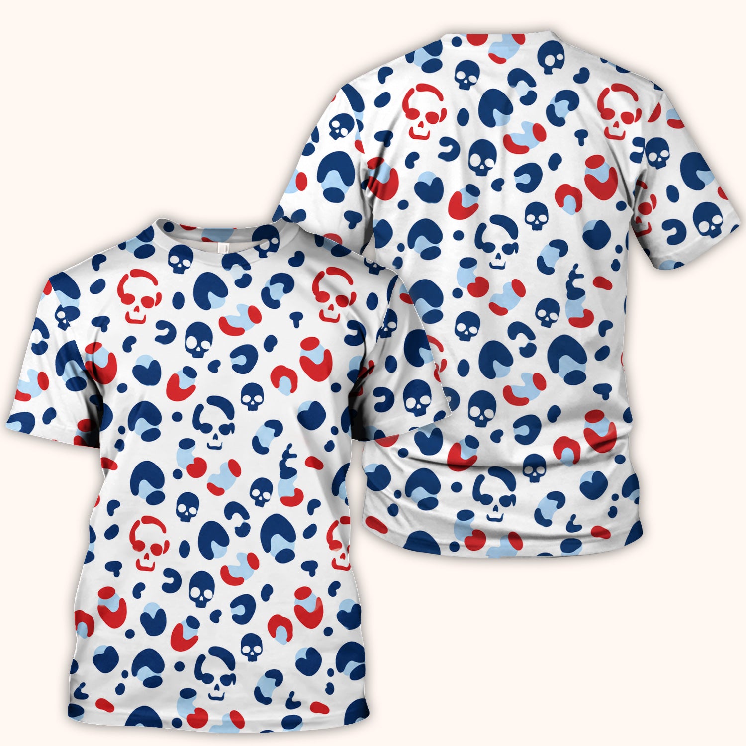 Red Blue Skull Leopard Pattern Scrub Top, Comfortable Scrubs for Nurses