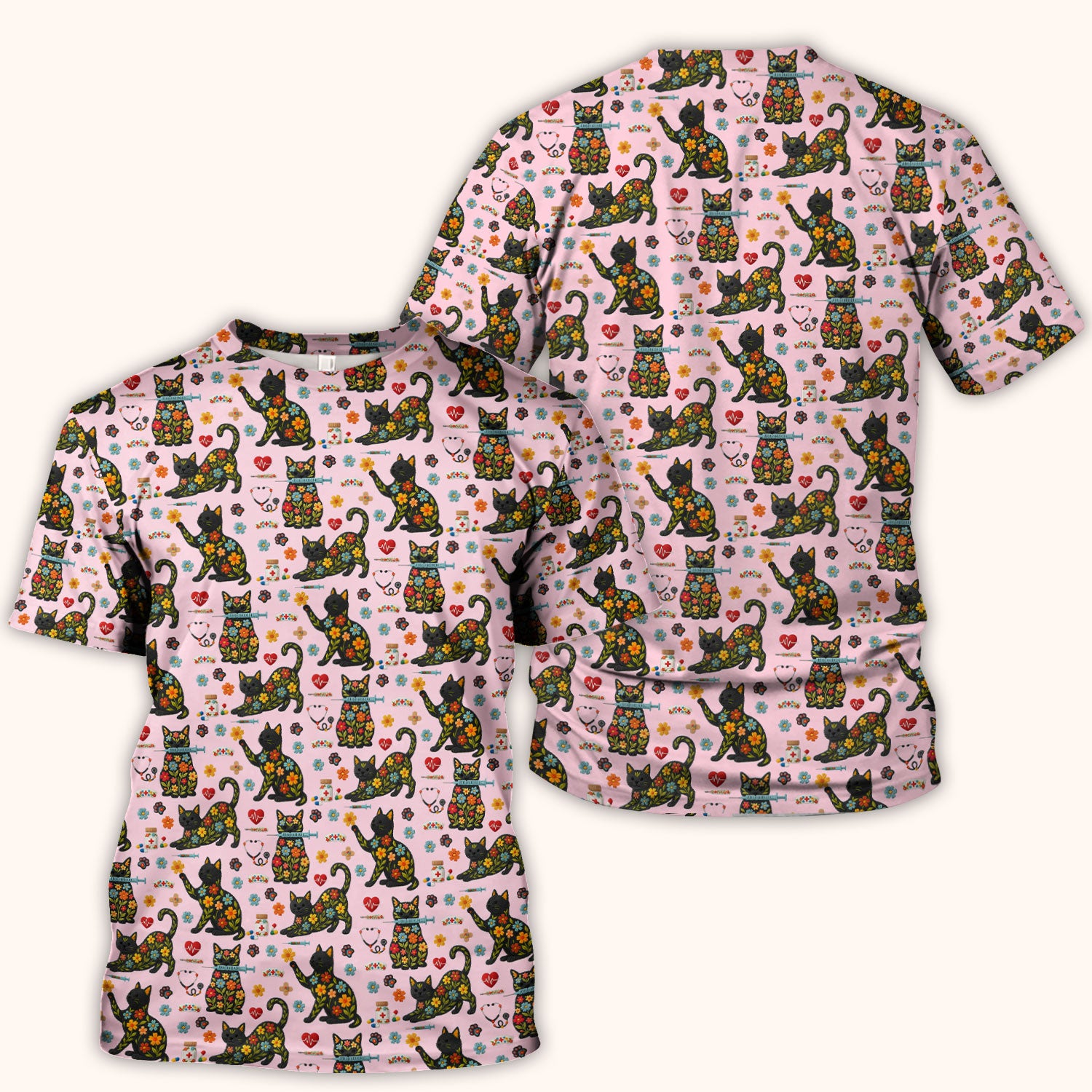 Floral Black Cat Pattern Scrub Top, Cute Cat Nurse Scrub Shirt, Medical Nursing Uniform