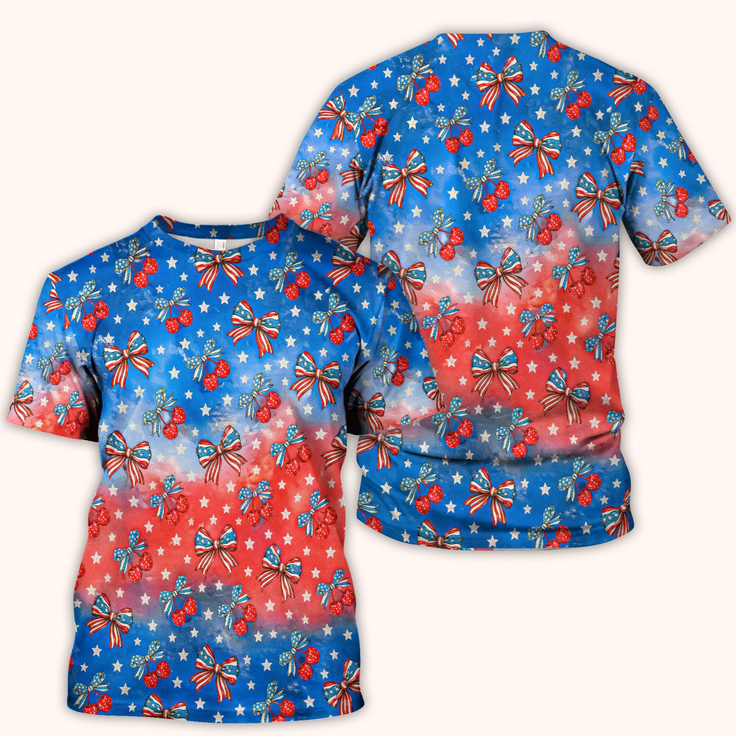 Festive Patriotic Star Bow Cherry Pattern Scrub Top, Comfortable Scrubs for Nurses