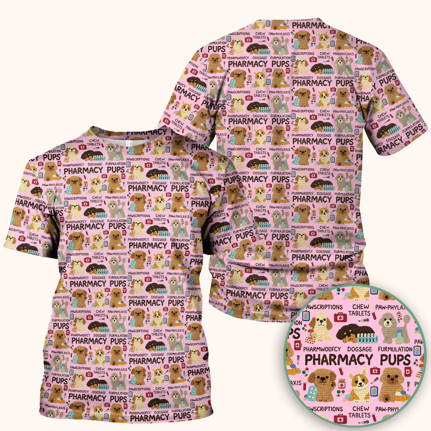 Pharmacy Pups Scrub Top for Women - Cute Dog Pattern Medical Shirt for Pharmacists & Vet Techs - Fun Blue Pharmacy Nurse Uniform