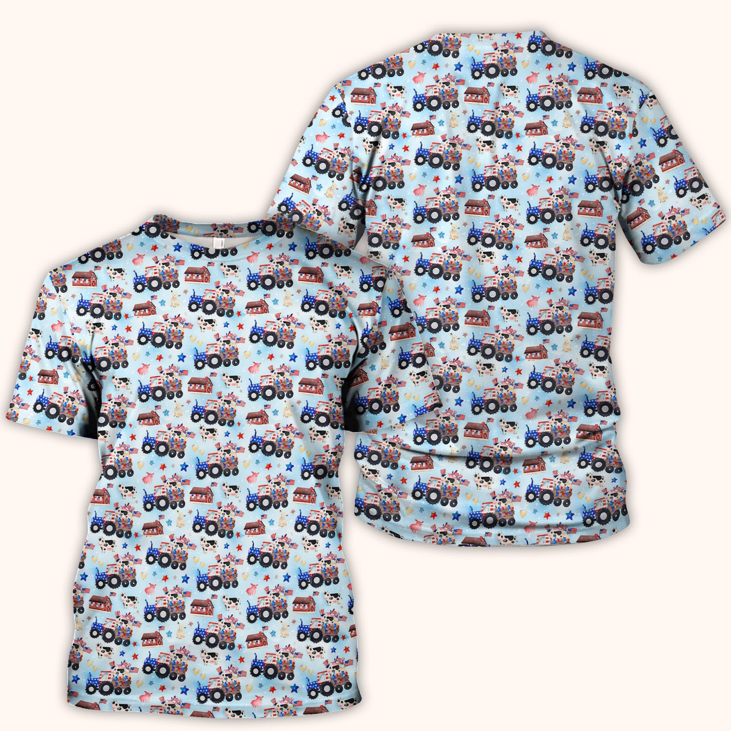 Patriotic Cow Tractor Farm Stars Pattern Scrub Top, Comfortable Scrubs for Nurses