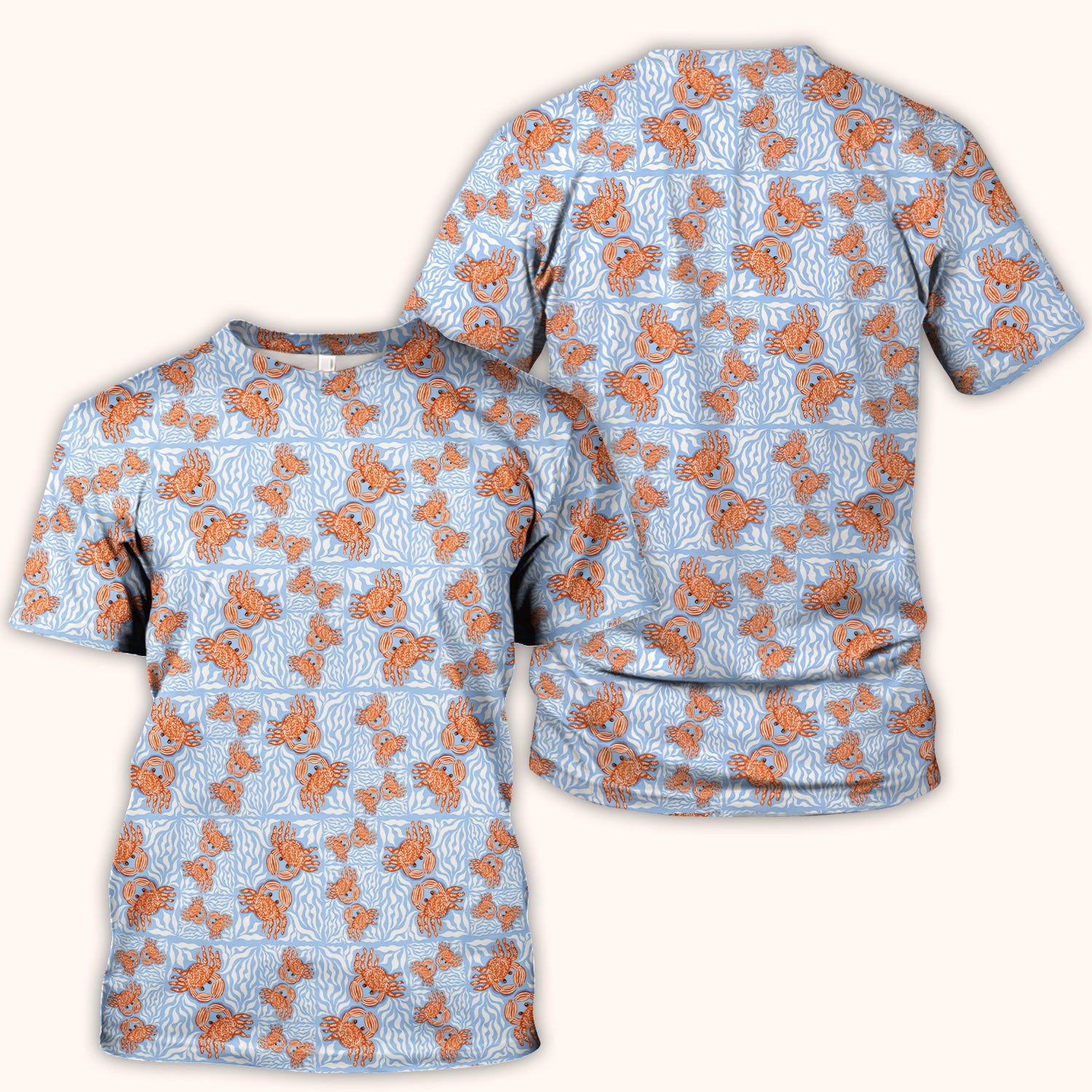 Cute Coastal Crab Print Scrub Top, Breathable Fabrics Nursing Uniform