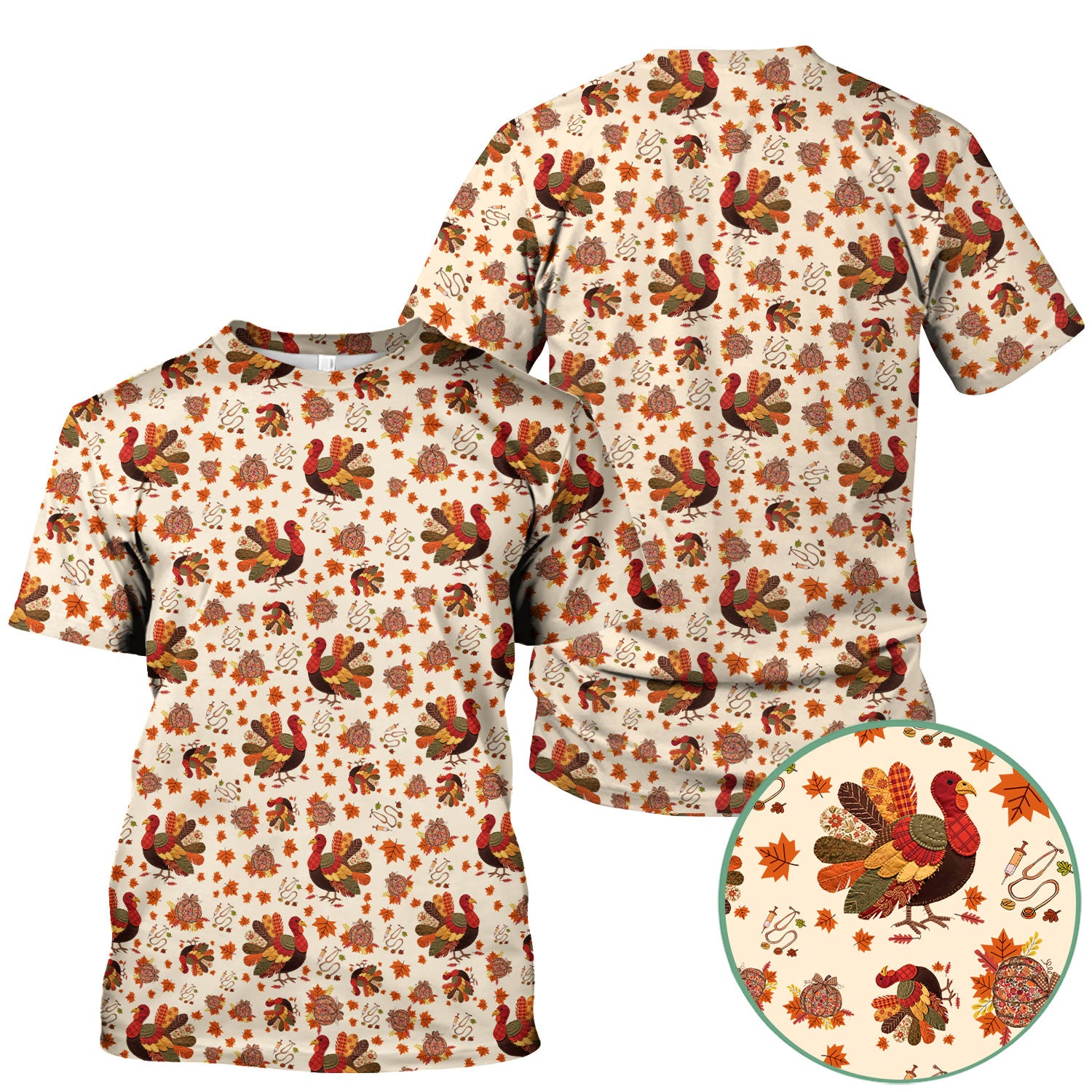 Thanksgiving Turkey Nurse Scrub Top for Women - Fall Leaves Pattern Shirts - Autumn Nursing Uniform Gift for RN LPN CNA