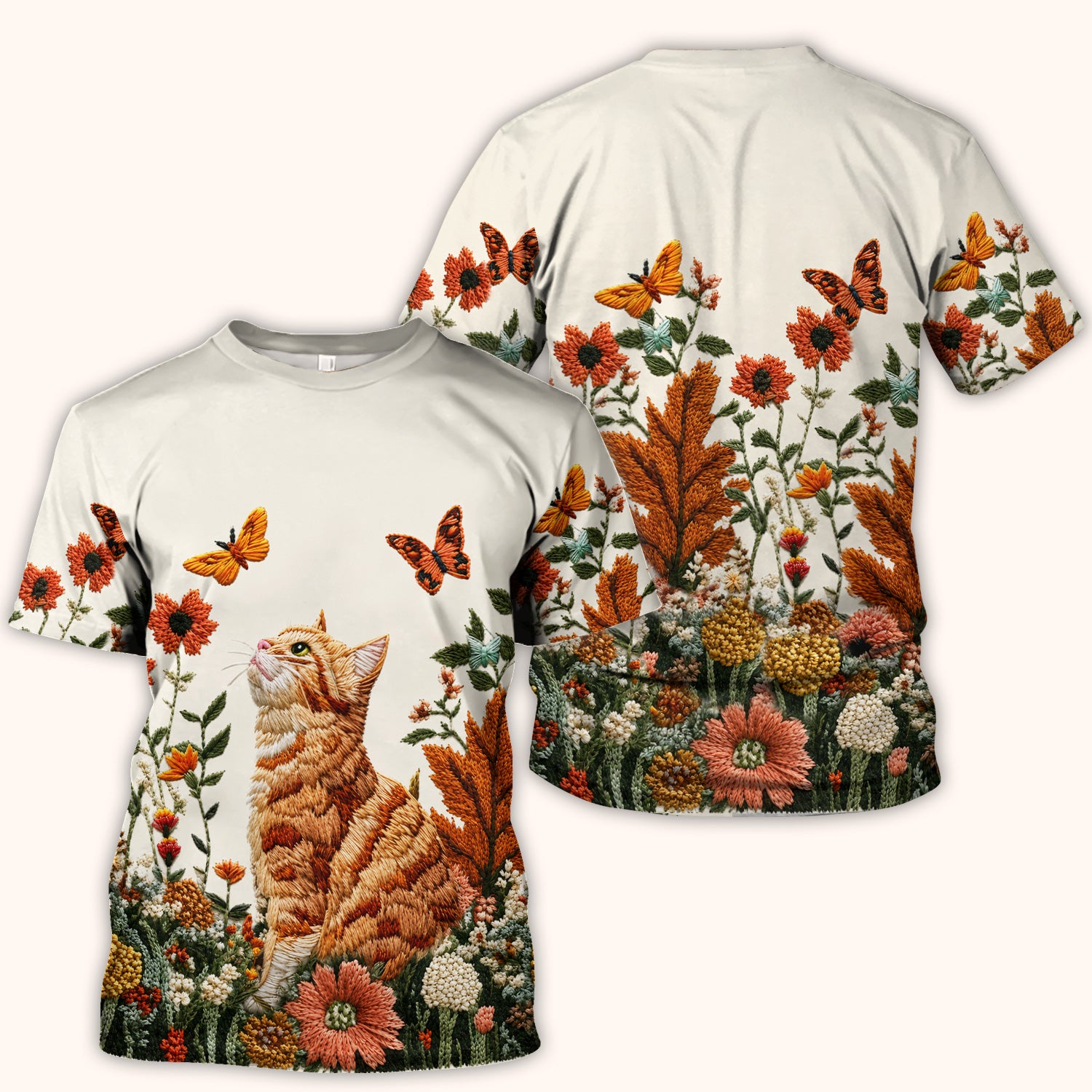 Embroidered Orange Cat Wildflower Pattern Scrub Top, Comfortable Scrubs for Nurses