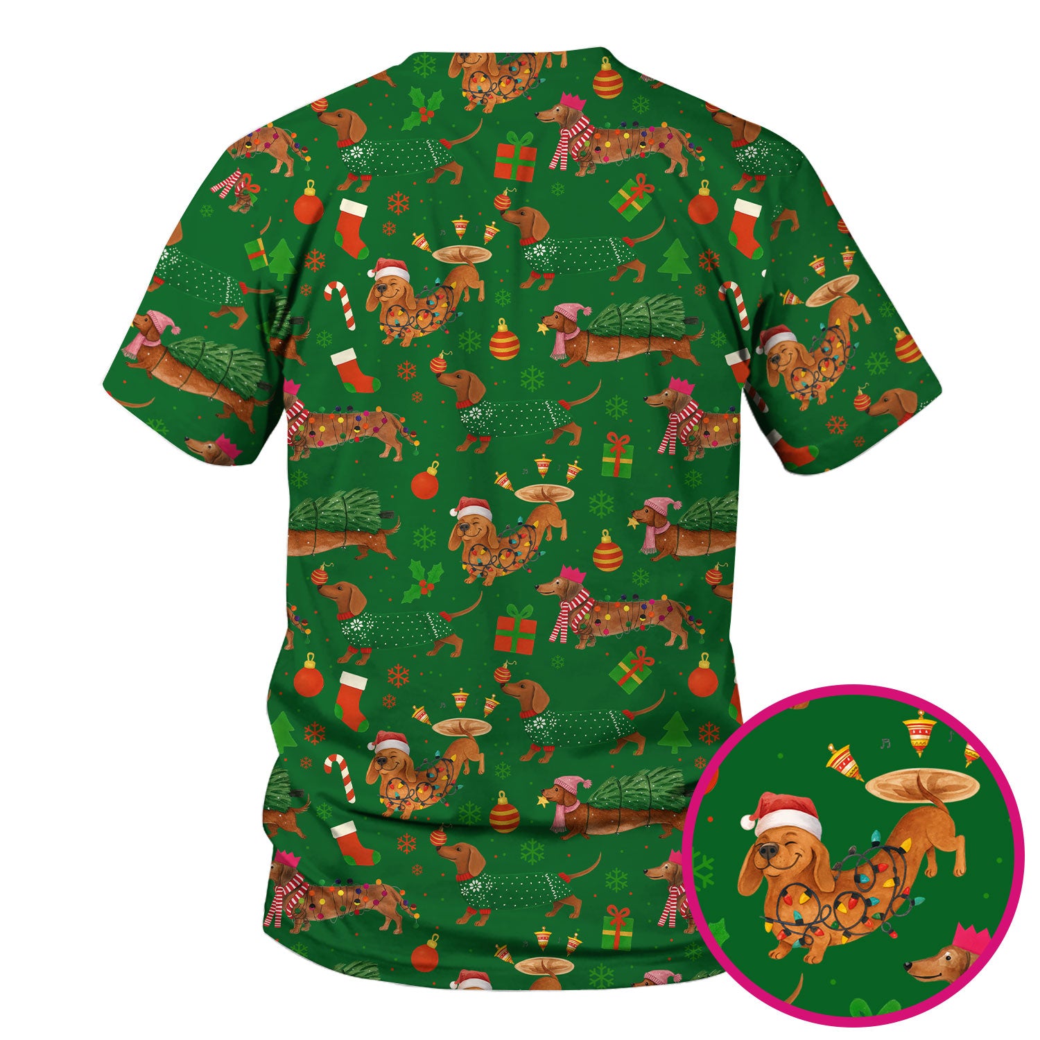 Dachshund Christmas Scrub Shirt - Multi Color Dog Print Scrubs - Funny Holiday Scrubs Gift for Women Men, Nurse, CNA, RN