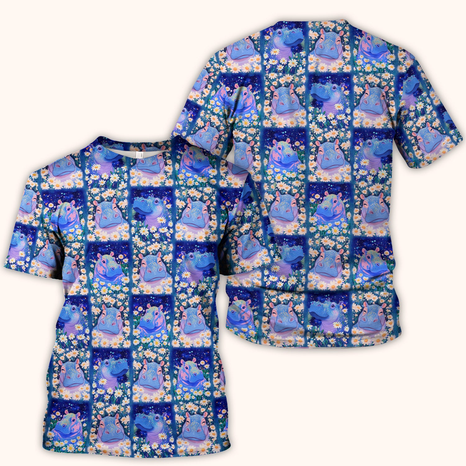 Cute Hippo Daisy Floral Patchwork Scrub Top, Breathable Fabrics Nursing Uniform