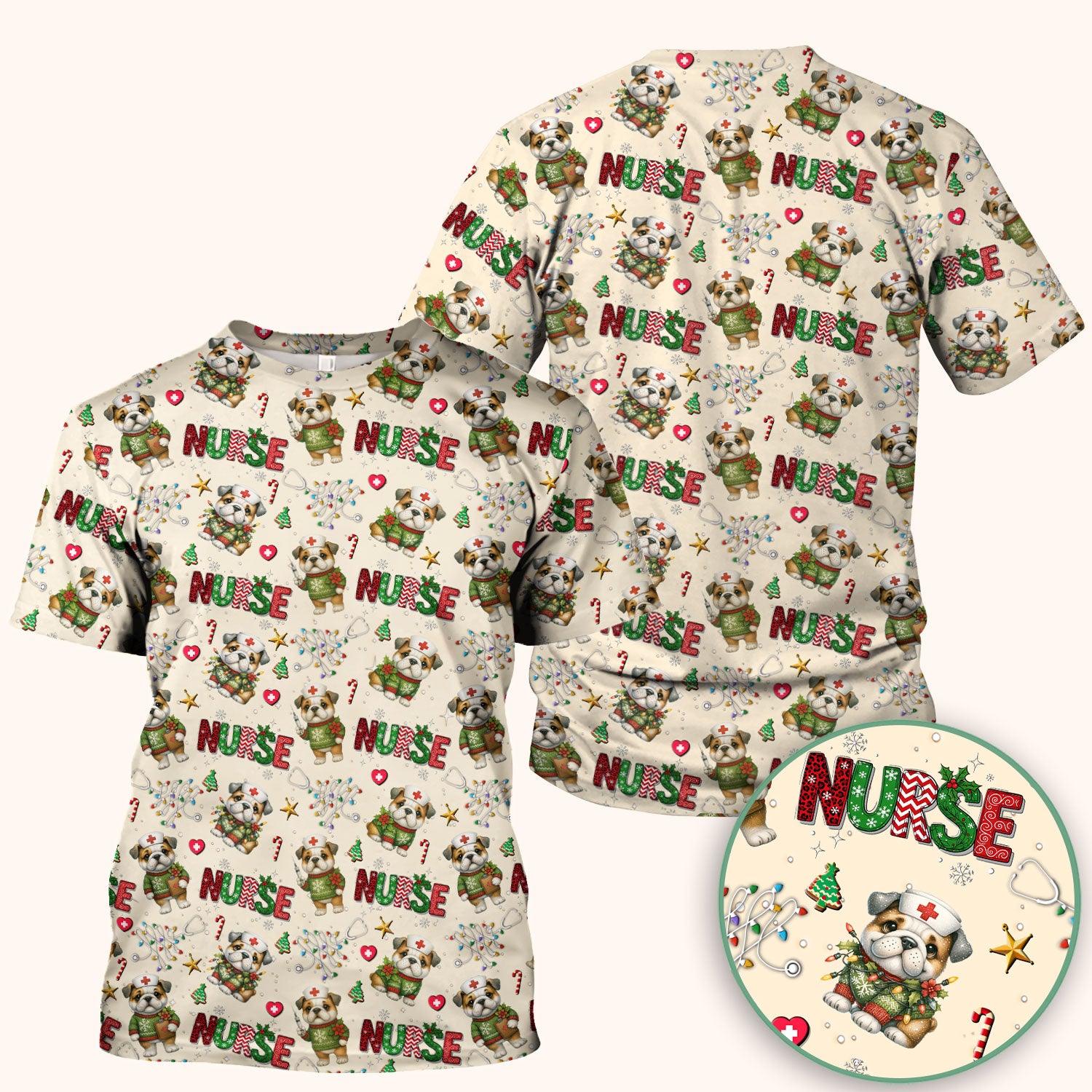 Bulldog Christmas Nurse Scrub Top - Funny Dog Scrub Shirt - Cute Holiday Medical Uniform for Women RN LPN CNA Gift