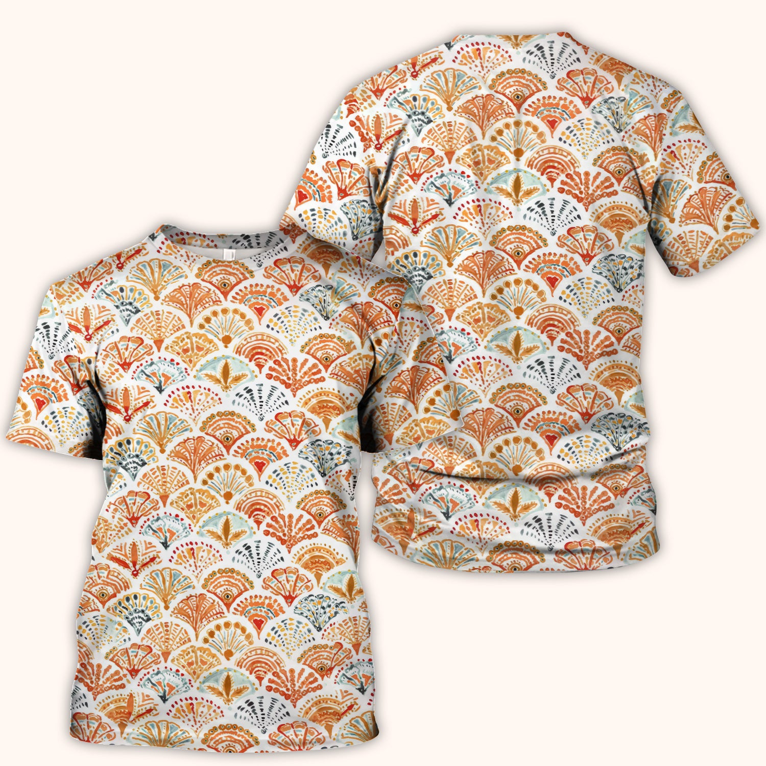 Cute Boho Fan Pattern Scrub Top, Breathable Fabrics Nursing Uniform