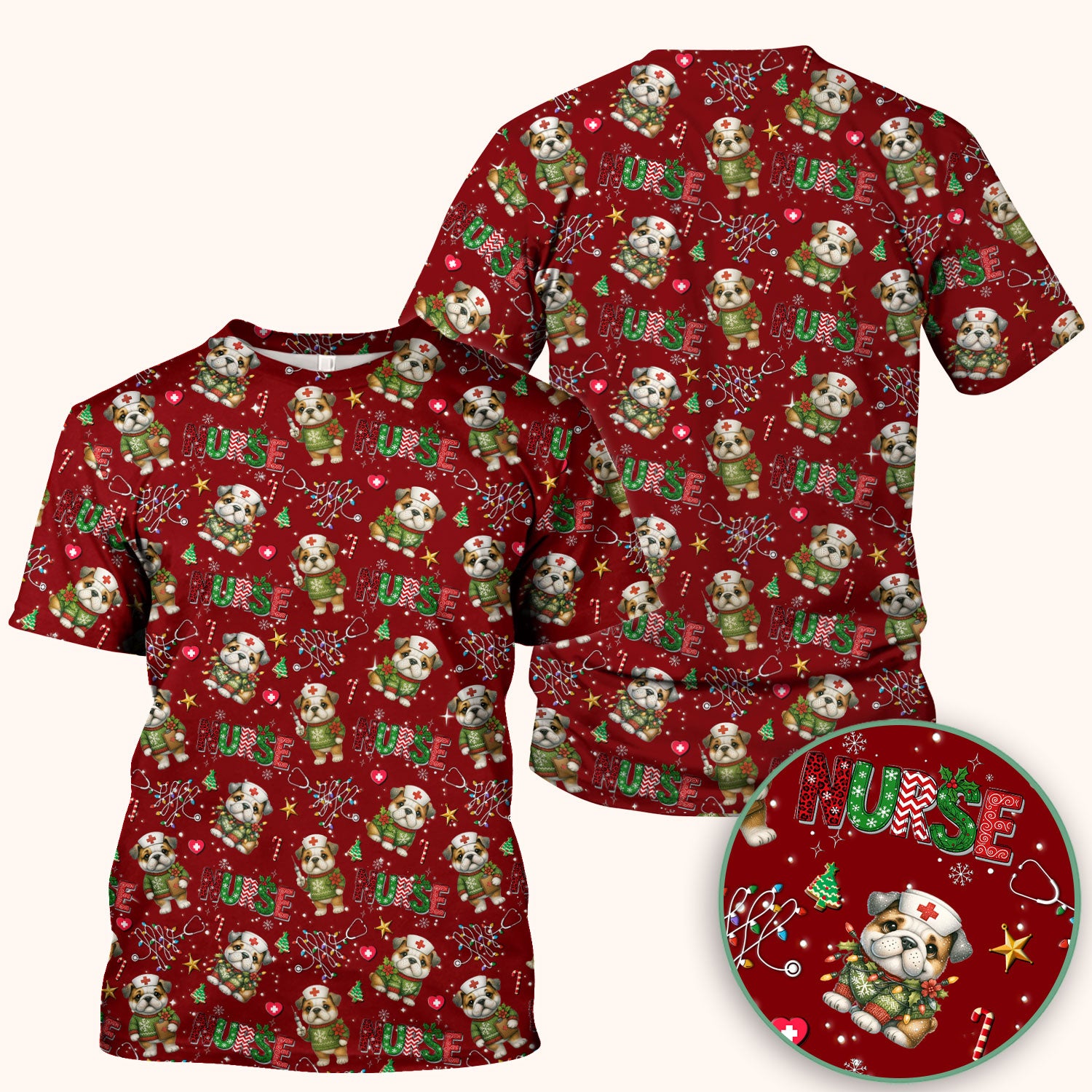 Bulldog Christmas Nurse Scrub Top - Funny Dog Scrub Shirt - Cute Holiday Medical Uniform for Women RN LPN CNA Gift