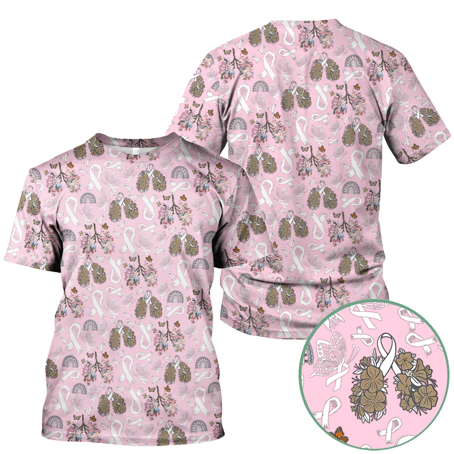 Lung Cancer Awareness Nurse Scrub Top - White Ribbon Butterfly Floral Medical Uniform - Comfortable V-Neck Nursing Shirt Gift