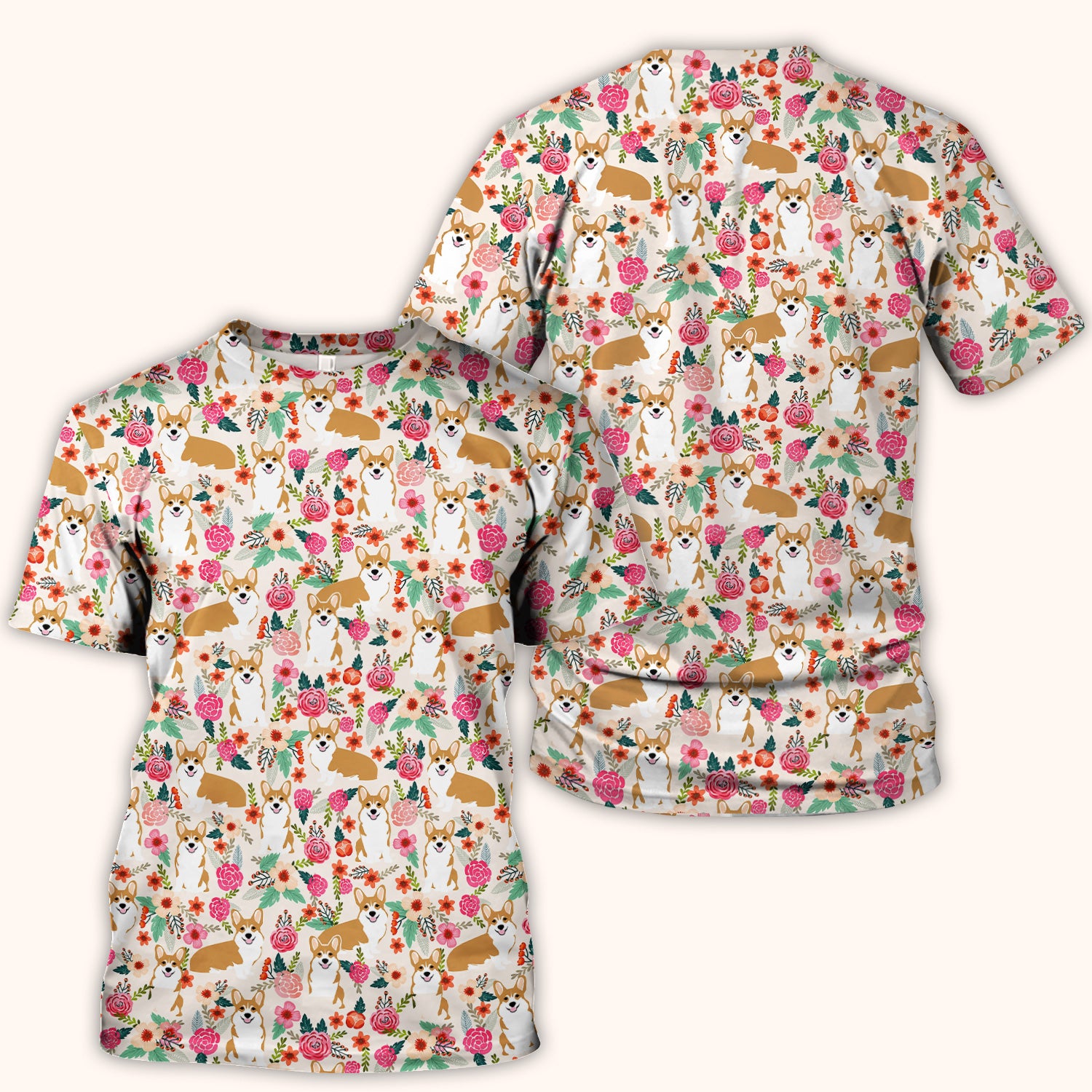 Cute Corgi Dog Floral Garden Pattern Nurse Scrub Top, Comfortable Scrubs for Nurses