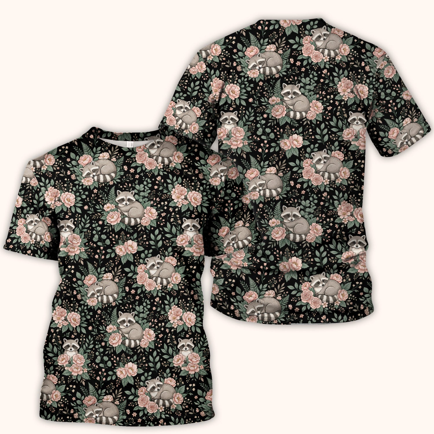 Sleeping Raccoon Rose Garden Pattern Scrub Top, Breathable Fabrics Nursing Uniform