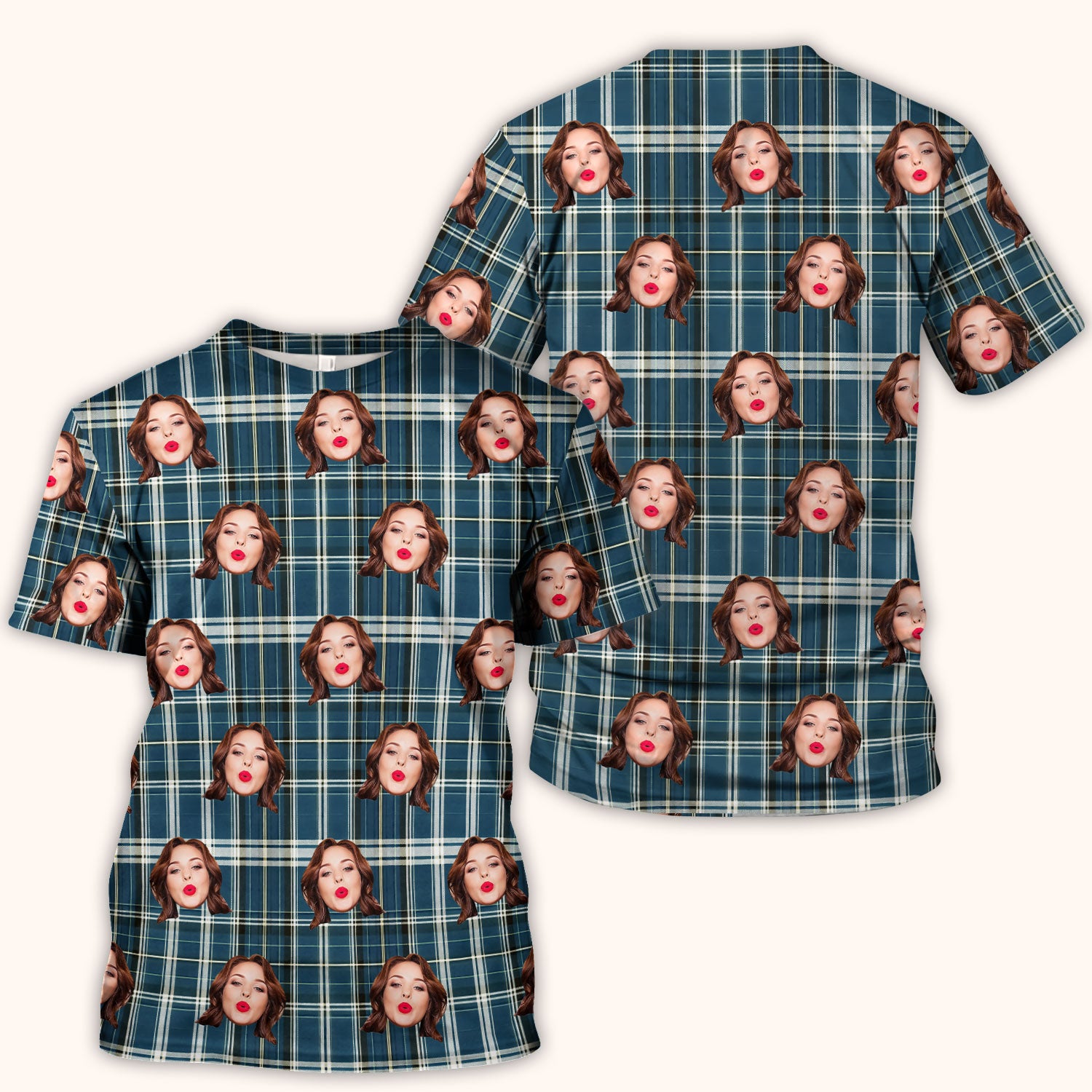 Personalized Funny Face Plaid Scrub Top, Custom Photo Pattern Medical Shirt, Breathable Fabrics Nursing Uniform