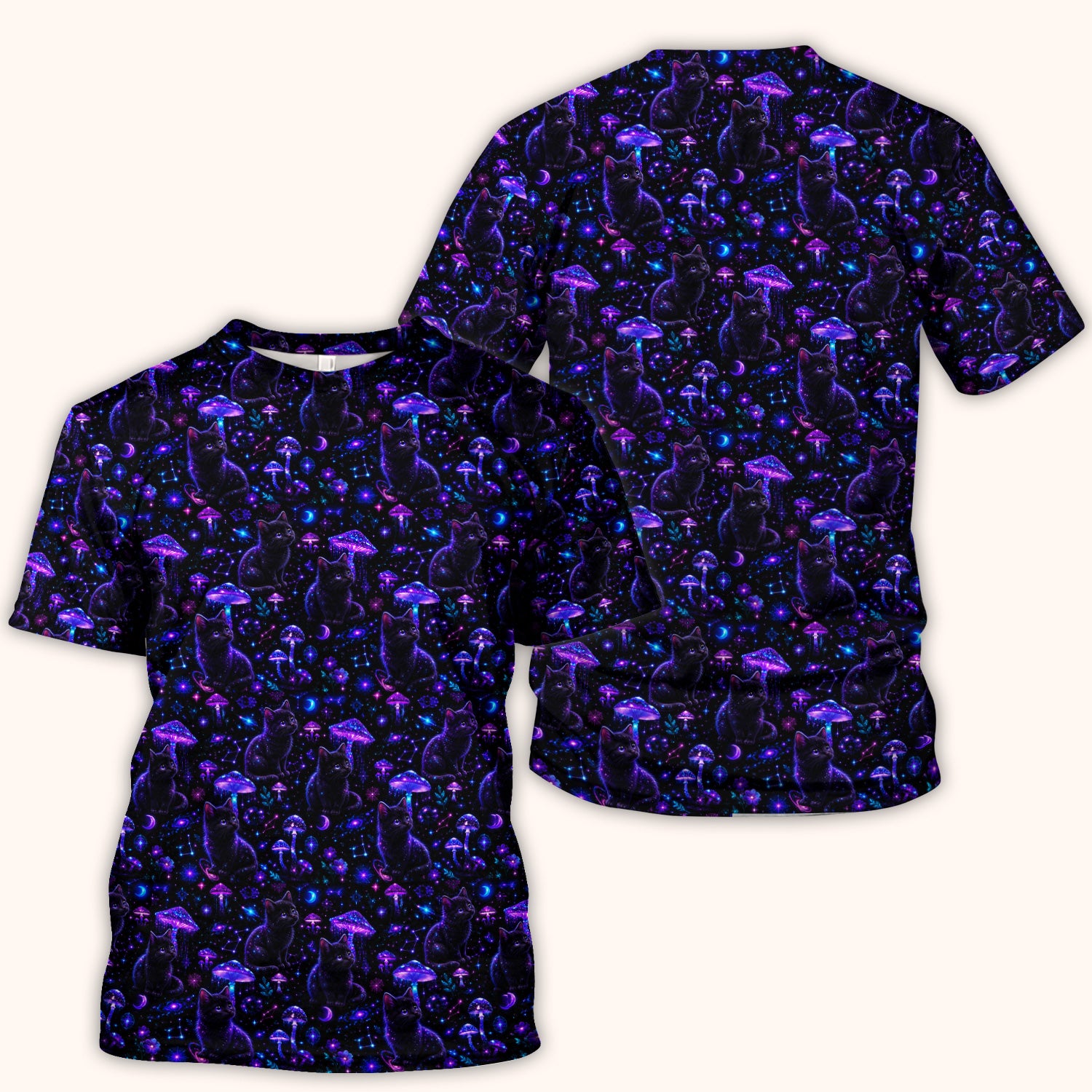 Mystical Black Cat Neon Mushroom Print Scrub Top, Comfortable Scrubs for Nurses
