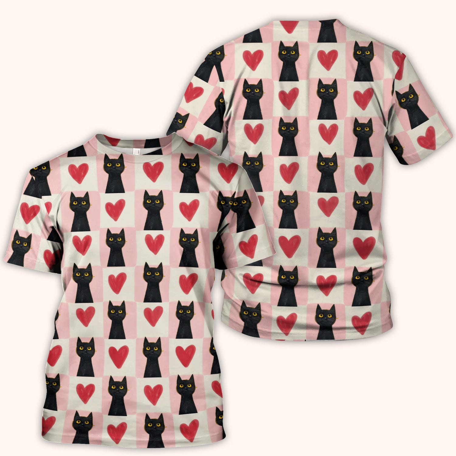 Cute Black Cat Heart Print V Neck Nursing Scrub Top, Comfortable Medical Uniform