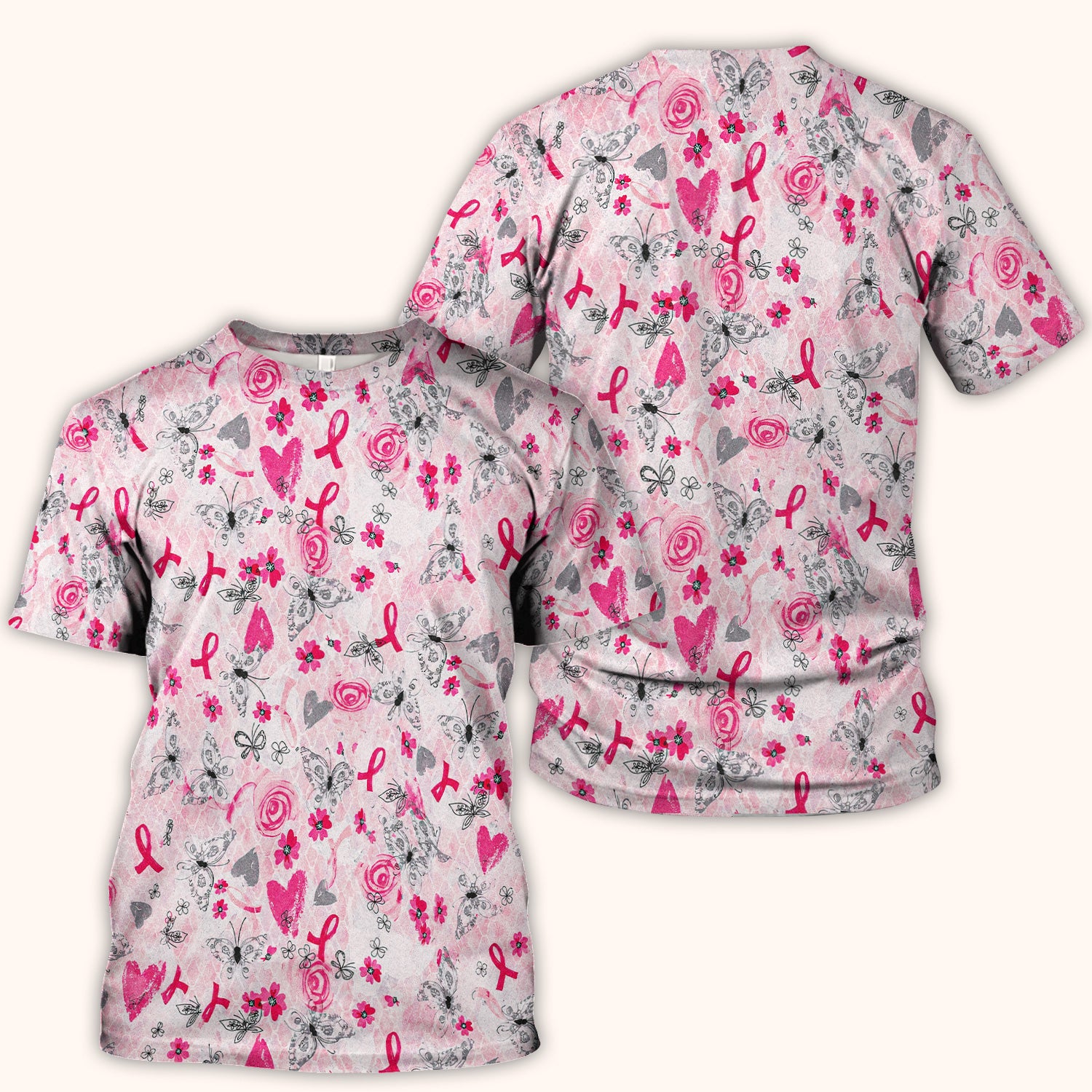 Breast Cancer Awareness Butterfly Floral Scrub Top, Comfortable Scrubs for Nurses
