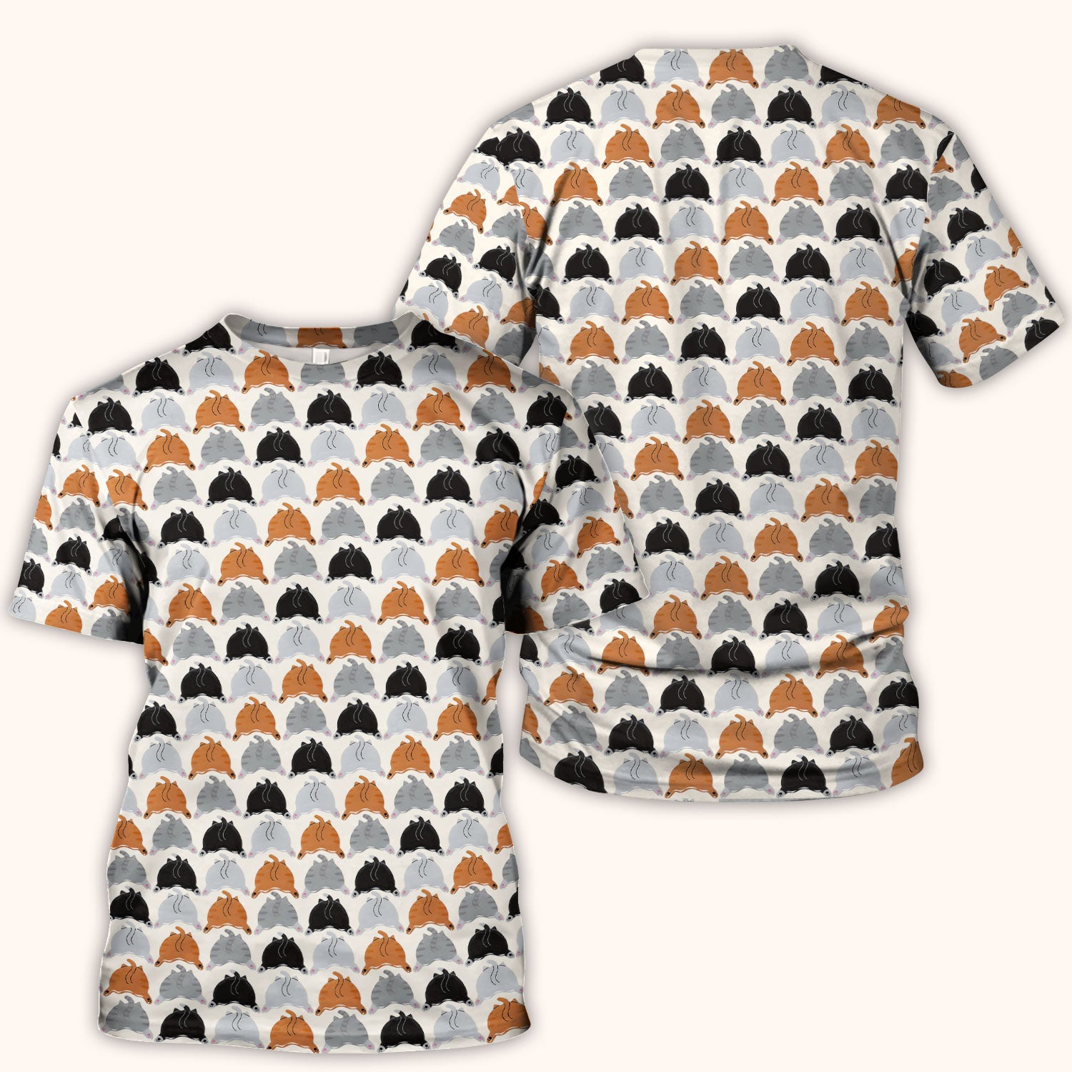 Playful Multicolor Cat Print Scrub Top, Breathable Fabrics Nursing Uniform