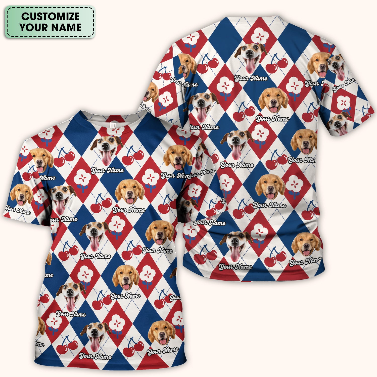 Custom Dog Face Scrub Top, Playful Dog Cherry Argyle Pattern Shirt, Comfortable Scrubs for Nurses