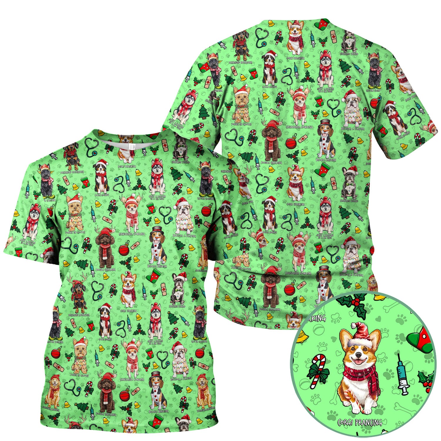 Cute Christmas Dog Scrubs for Nurses - Corgi, Dachshund, Husky, Poodle & Labrador - Funny Holiday Medical Scrub Top for Women