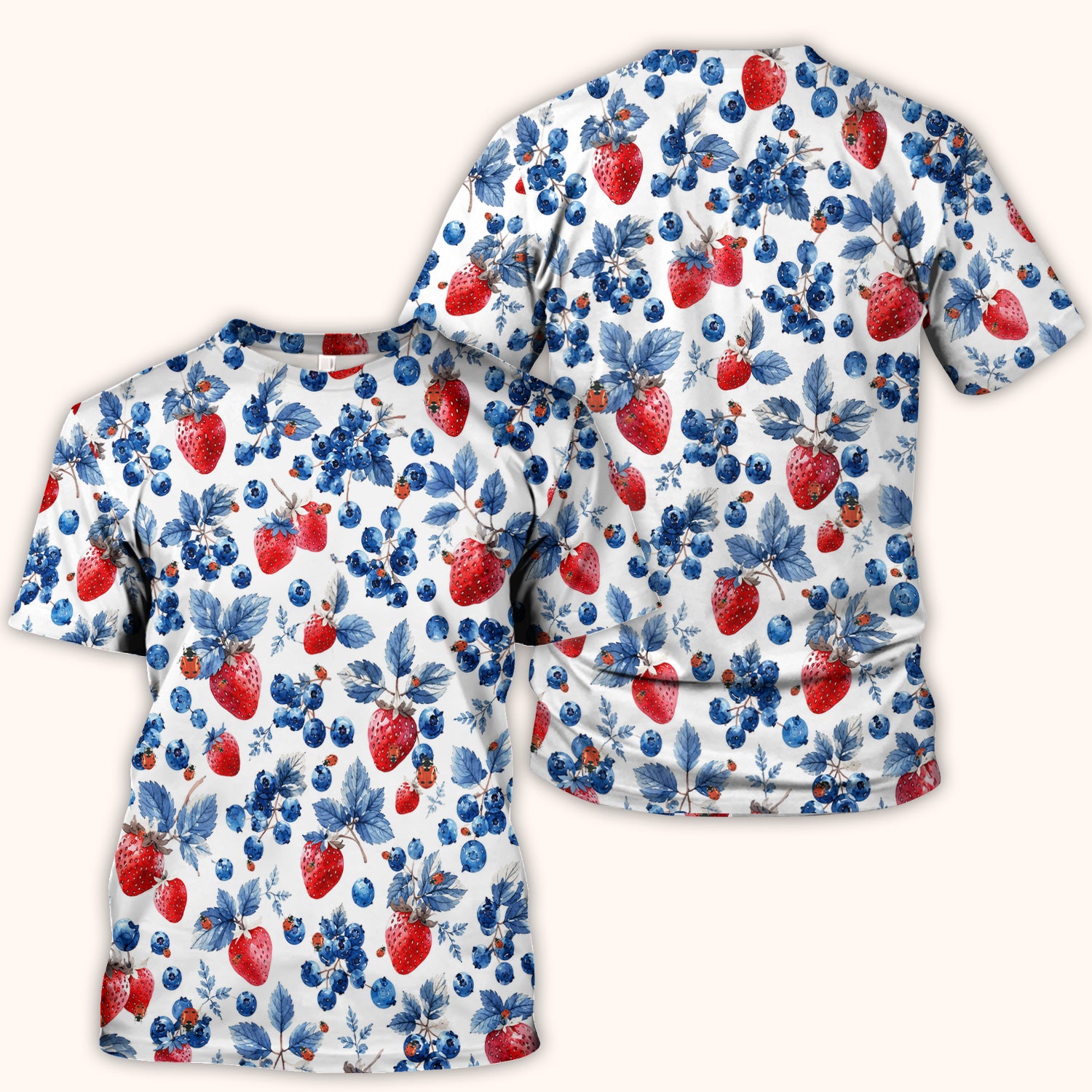 Cute Strawberry Blueberry Ladybug Pattern Scrub Top, Comfortable Scrubs for Nurses