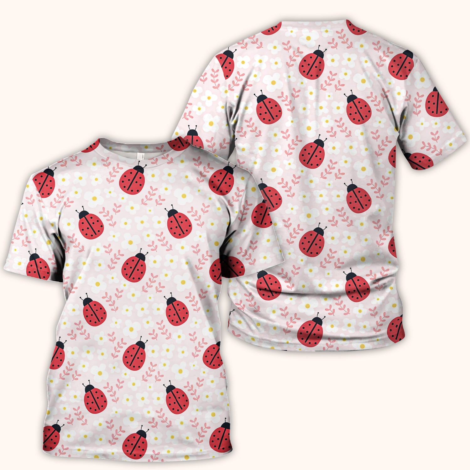 Lovely Ladybug Blossom Garden Print Scrub Top, Breathable Fabrics Nursing Uniform