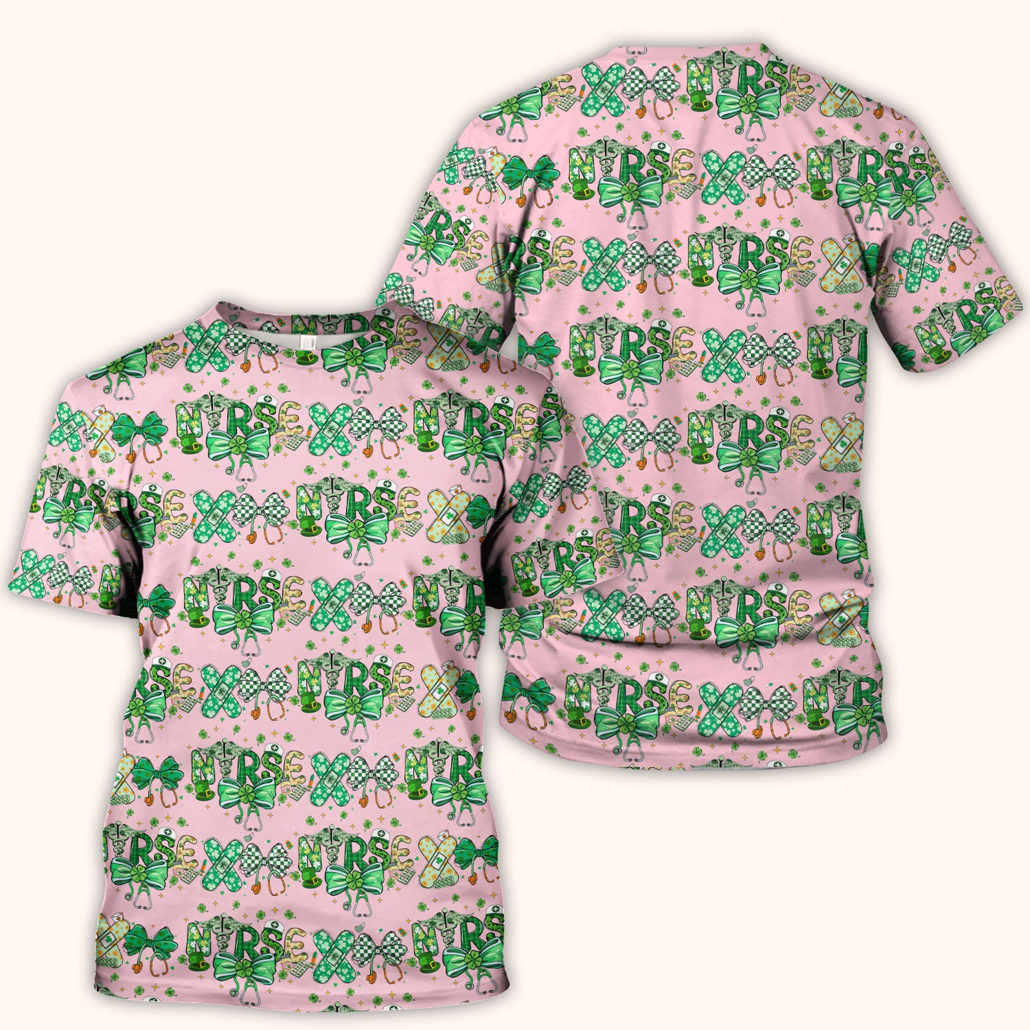 St. Patrick’s Nurse Scrub Top, Lucky Clover And Green Bow Pattern Nurse Shirt, Breathable Fabrics Nursing Uniform