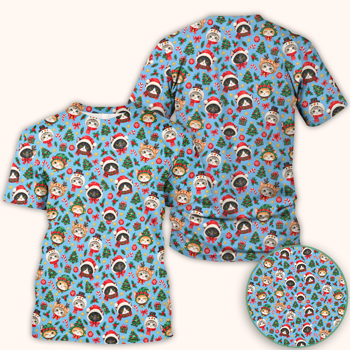 Christmas Cats And Trees Pattern Scrub Top, Comfortable Scrubs for Nurses