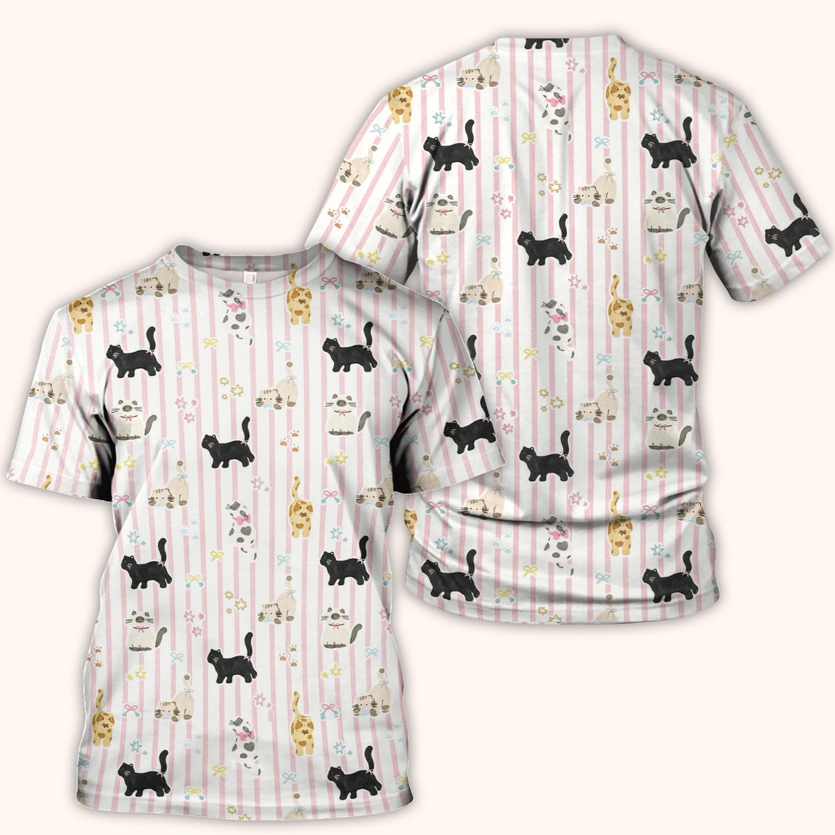 Cute Playful Cat Stripe Ribbon Pattern Scrub Top, Breathable Fabrics Nursing Uniform