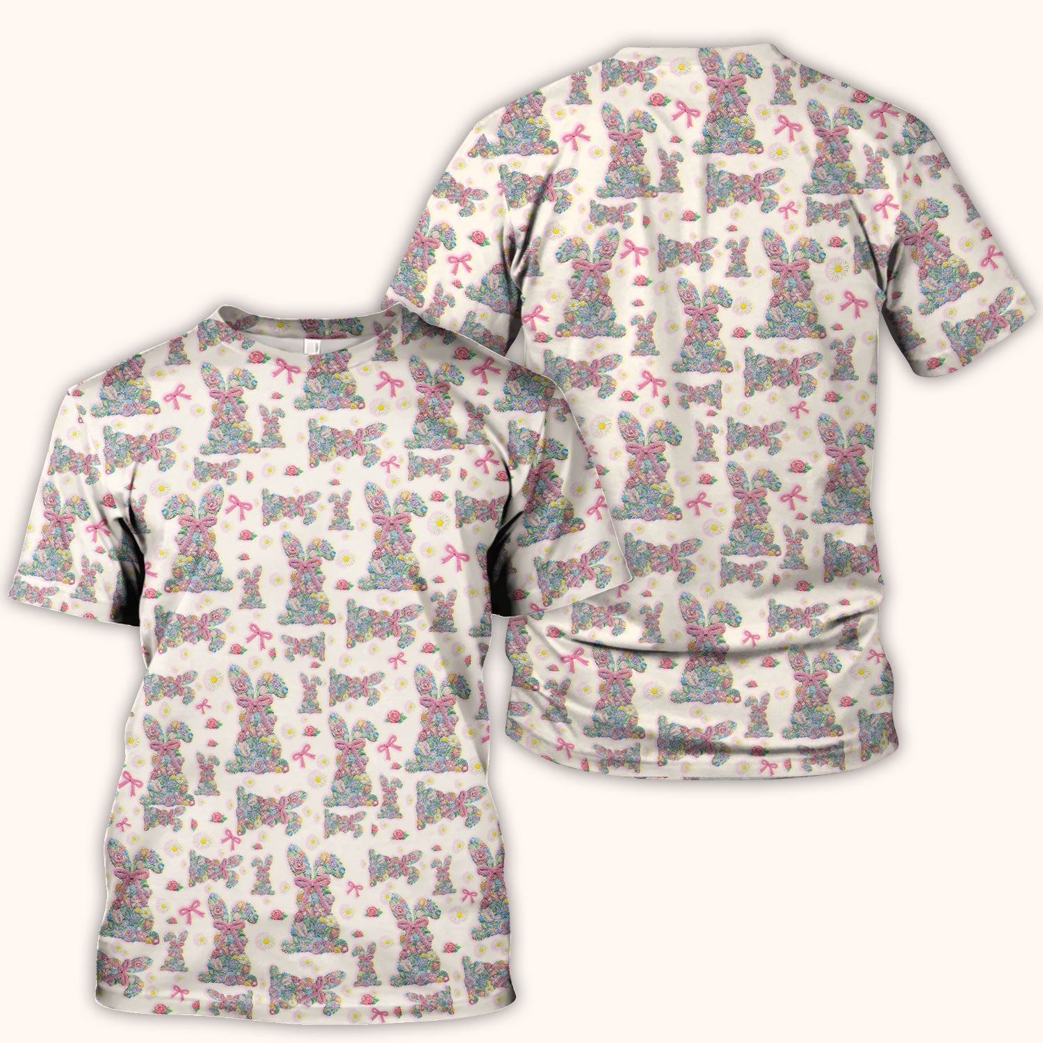 Colorful Floral Bunny with Pink Bow Pattern Scrub Top, Breathable Fabrics Nursing Uniform, Easter