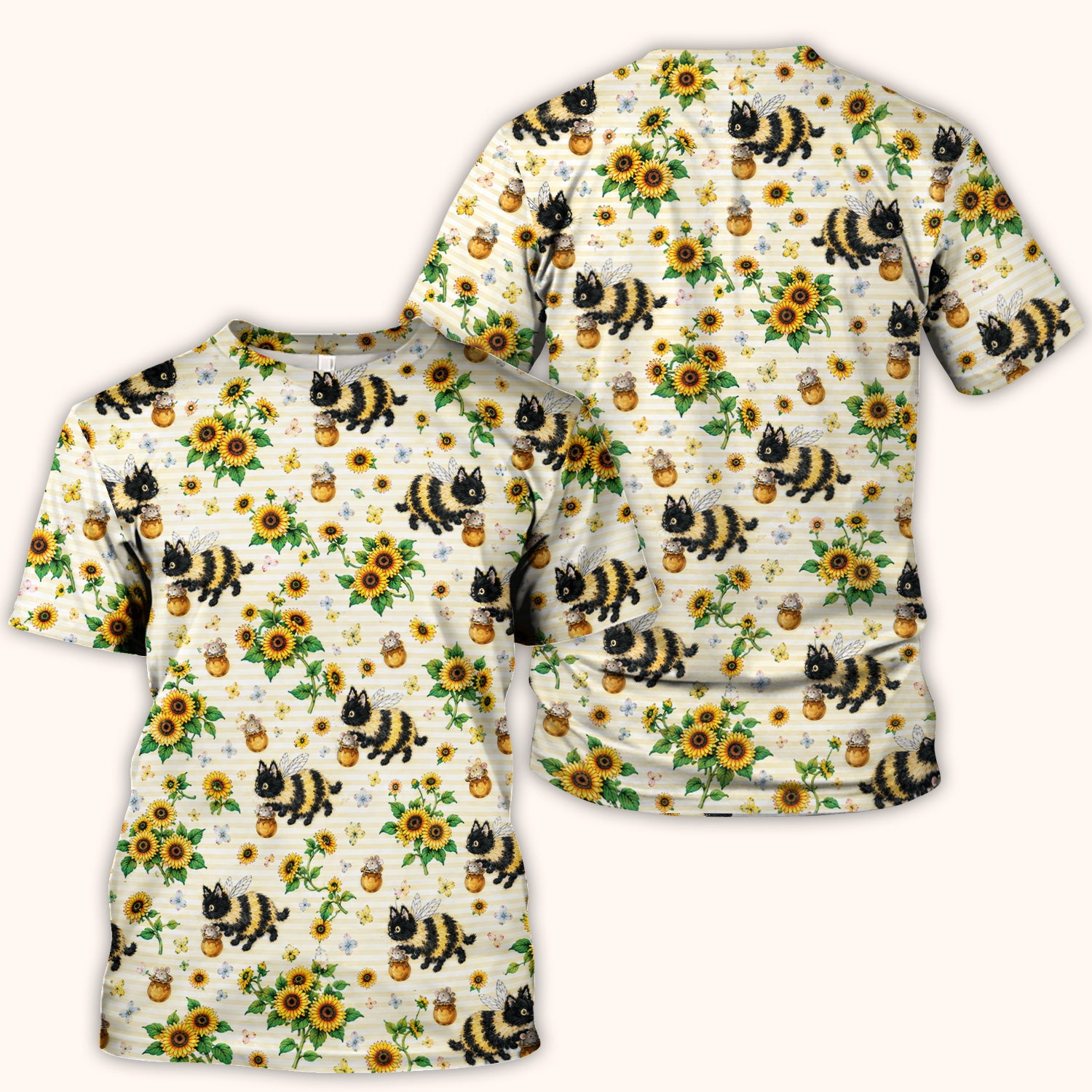 Cute Bumblebee Cat Sunflower Pattern Scrub Top, Comfortable Scrubs for Nurses