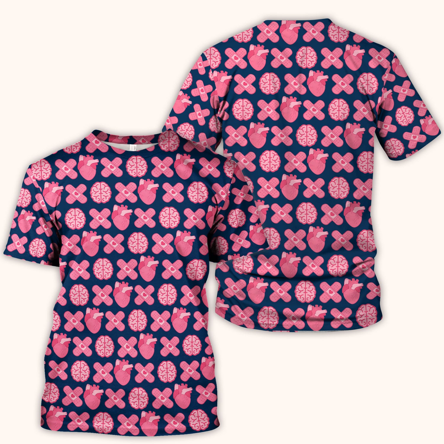 Heart & Brain Medical Icon Pattern Scrub Top, Breathable Fabrics Nursing Uniform