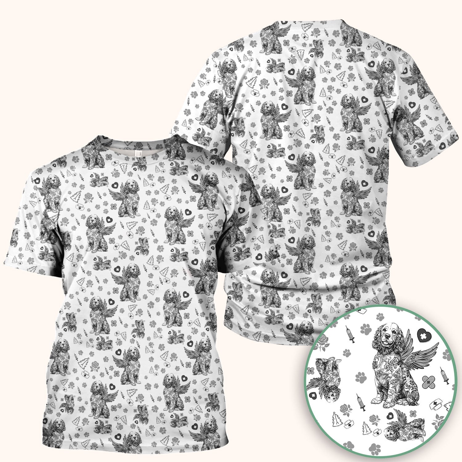 Toile De Jouy Scrubs for Nurses - Angel Puppy Medical Uniform - Floral Dog in Heaven Gift for Women, Vet Techs, RN CNA LPN