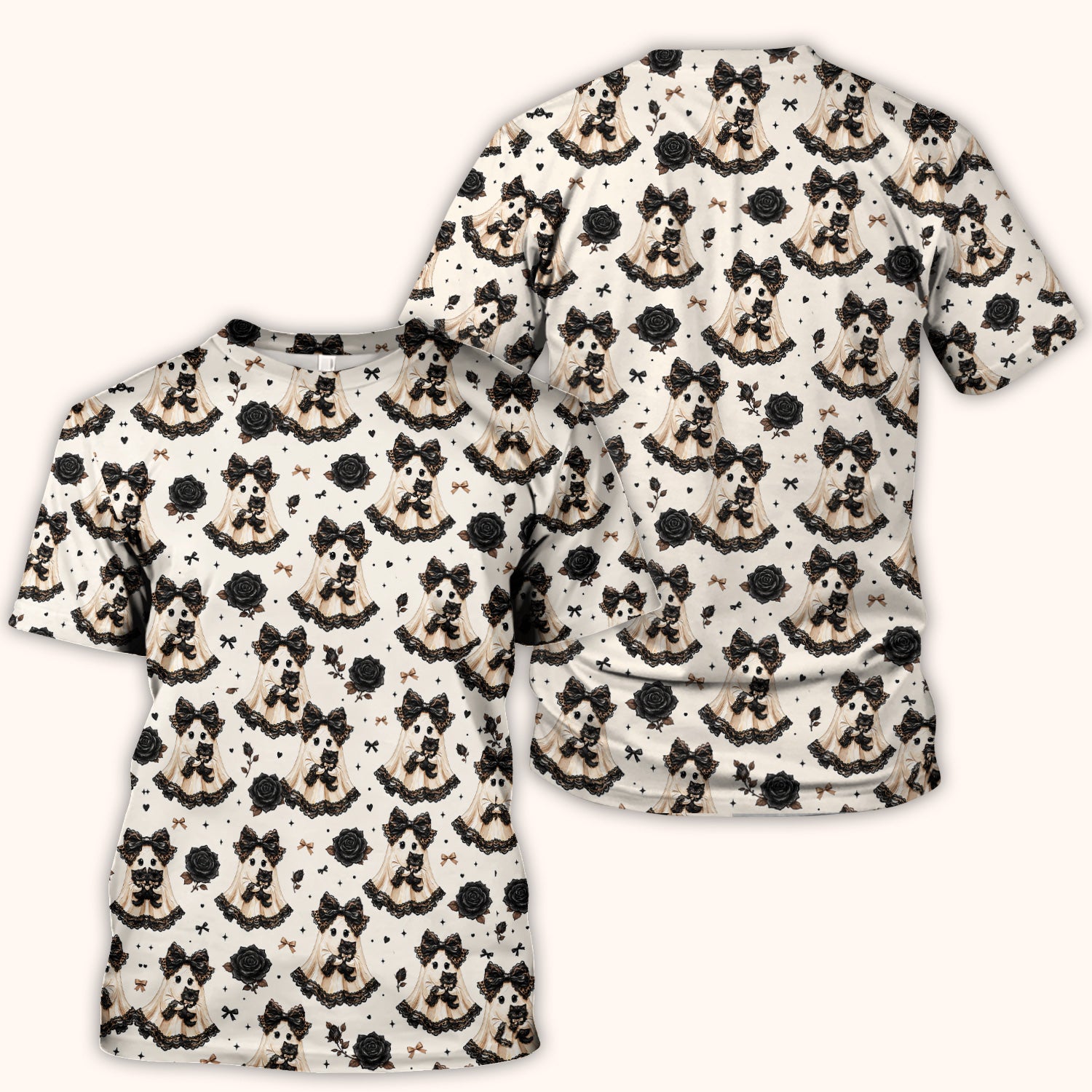 Halloween Ghost Black Cat Pattern Scrub Top, Comfortable Scrubs for Nurses