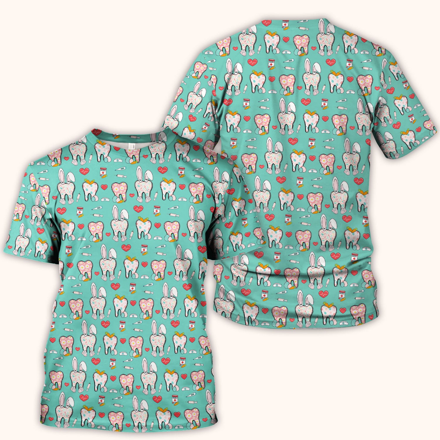 Playful Bunny Dentist Illustration Medical Scrub Top, Comfortable Scrubs for Nurses, Easter