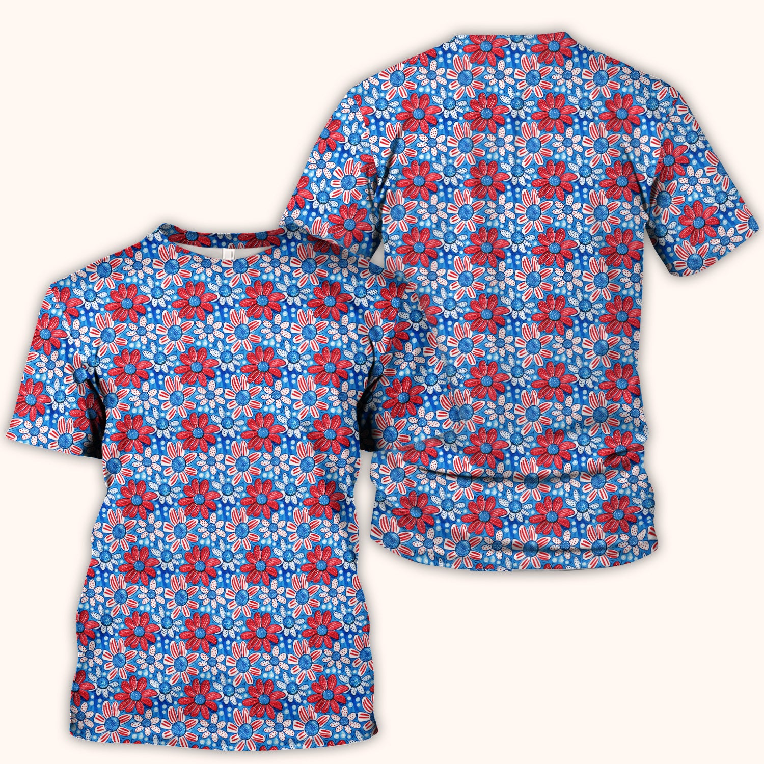 Cute Patriotic Daisy Blossom Repeat Pattern Scrub Top, Comfortable Scrubs for Nurses