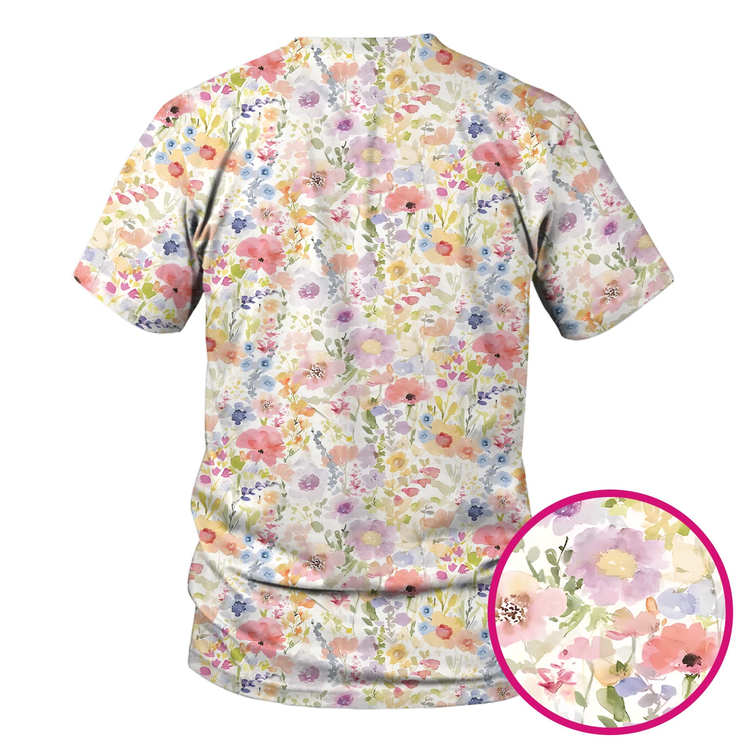 Pastel Watercolor Floral Nursing Scrub Shirt V-Neck Medical Work Top