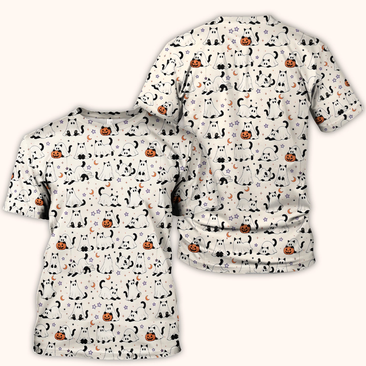 Halloween Ghost Cats And Pumpkins Scrub Top, Comfortable Scrubs for Nurses