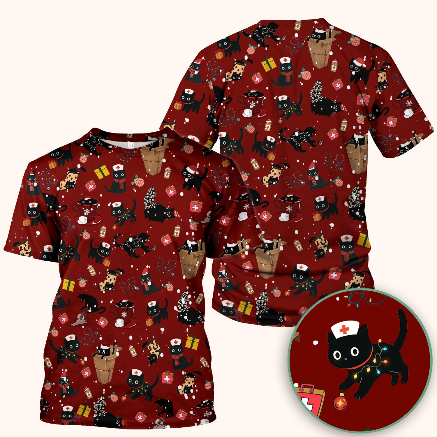 Funny Cat Scrub for Women - Christmas Black Cats Comfortable Scrubs for Nurses - Breathable Fabrics Nursing Uniform