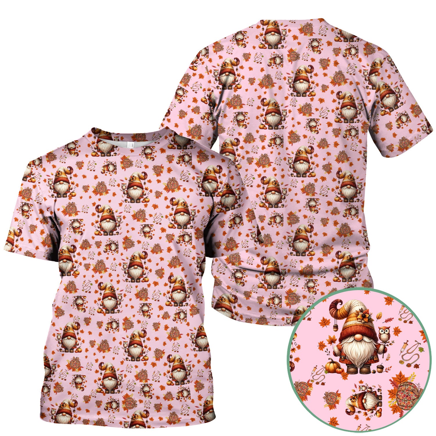 Fall Gnome Nurse Scrub Top for Women - Autumn Leaves Pumpkin Shirts - Thanksgiving Nursing Uniform Gift for RN LPN CNA
